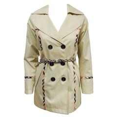 NWT Burberry Tan Short Trench Coat W Signature Check Trim and Braided Belt 12
