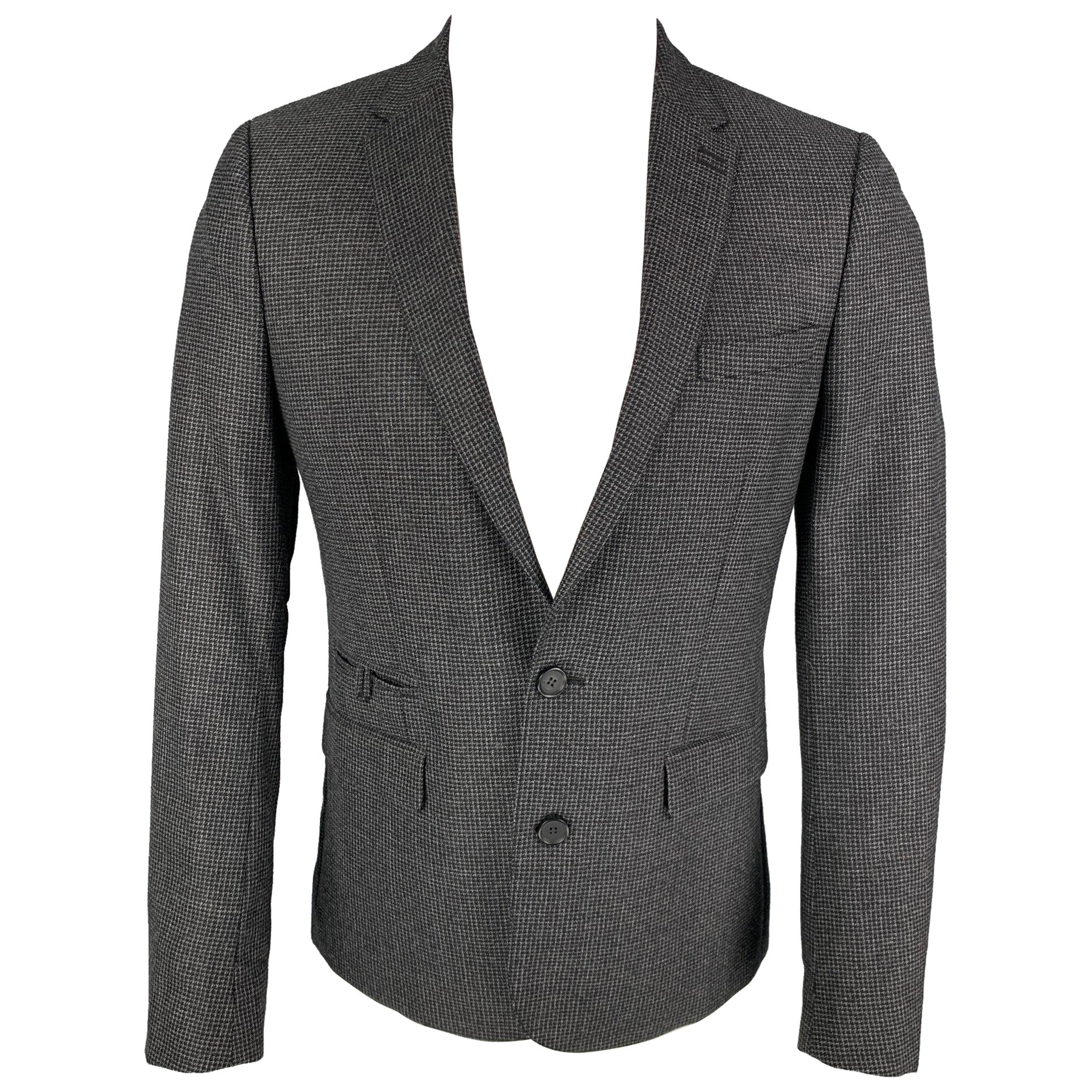 THE KOOPLES Size 36 Charcoal Grey Grid Wool Notch Lapel Sport Coat For Sale