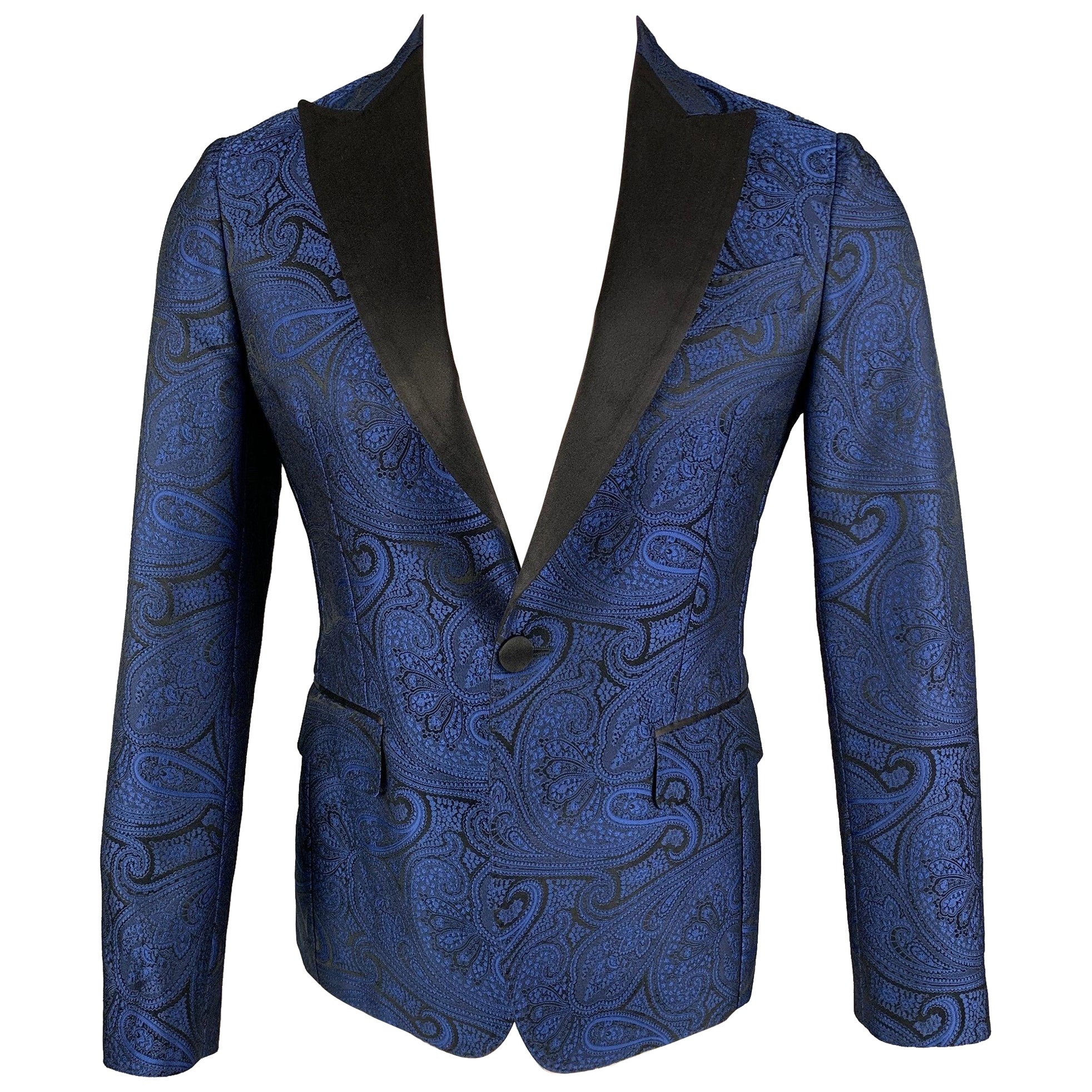 DSQUARED2 Size 38 Blue Black Jacquard Polyester Silk Sport Coat For Sale