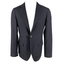 BRUNELLO CUCINELLI Manteau de sport à revers en laine vierge bleu marine avec revers en satin, taille 38