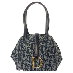Christian Dior Blue Monogram Denim Collapsible Flap Hand Bag/Double Straps