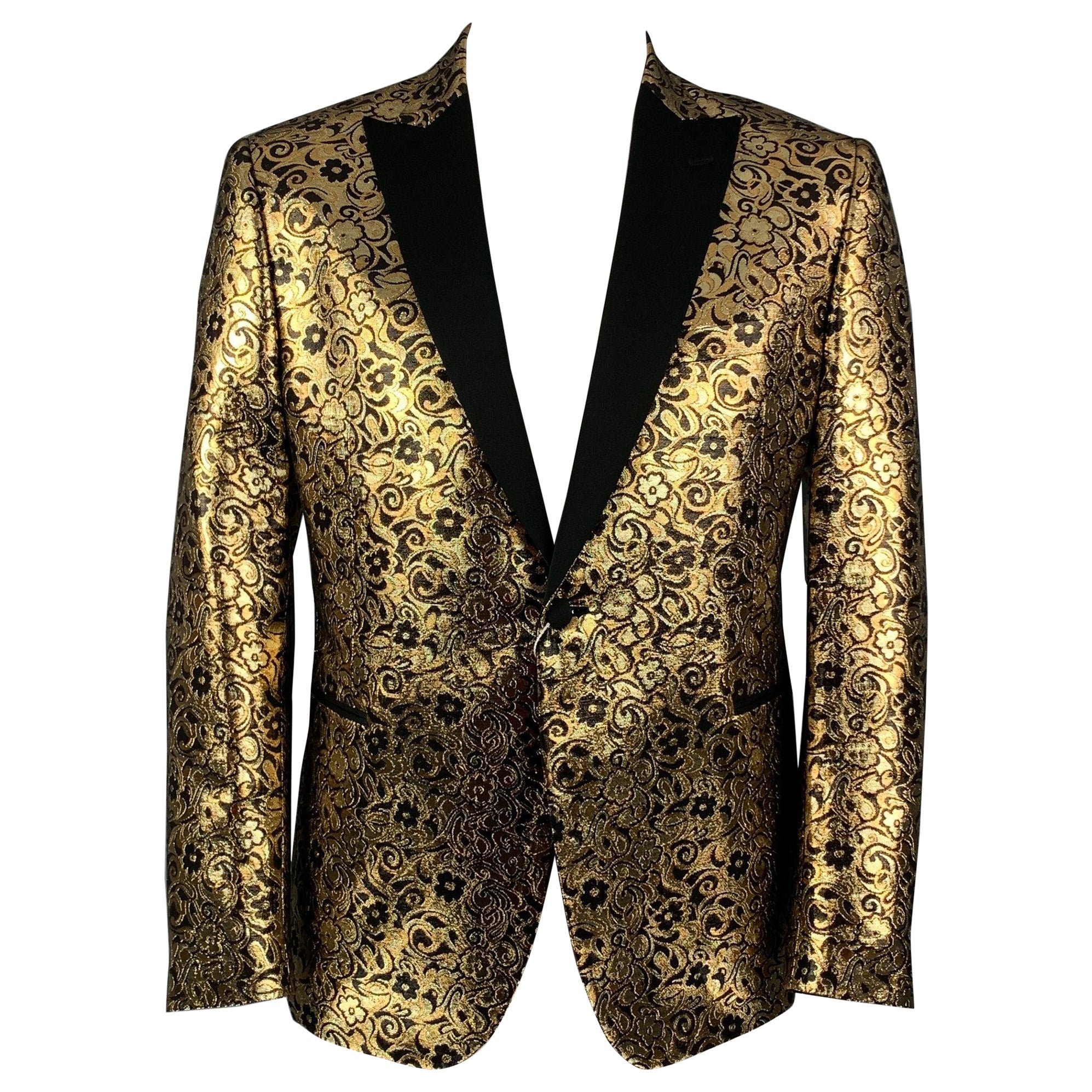 MICHAEL KORS Size 46 Black Gold Jacquard Polyester Peak Lapel Sport Coat For Sale