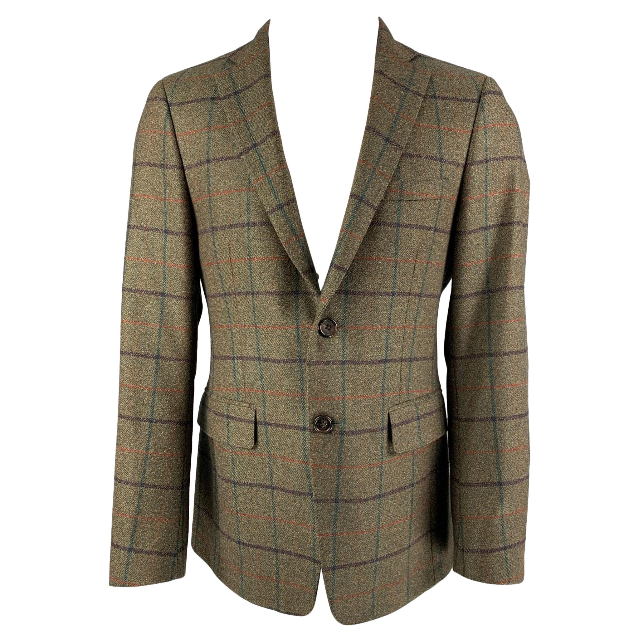ETRO Size 38 Olive Window Pane Wool Sport Coat For Sale