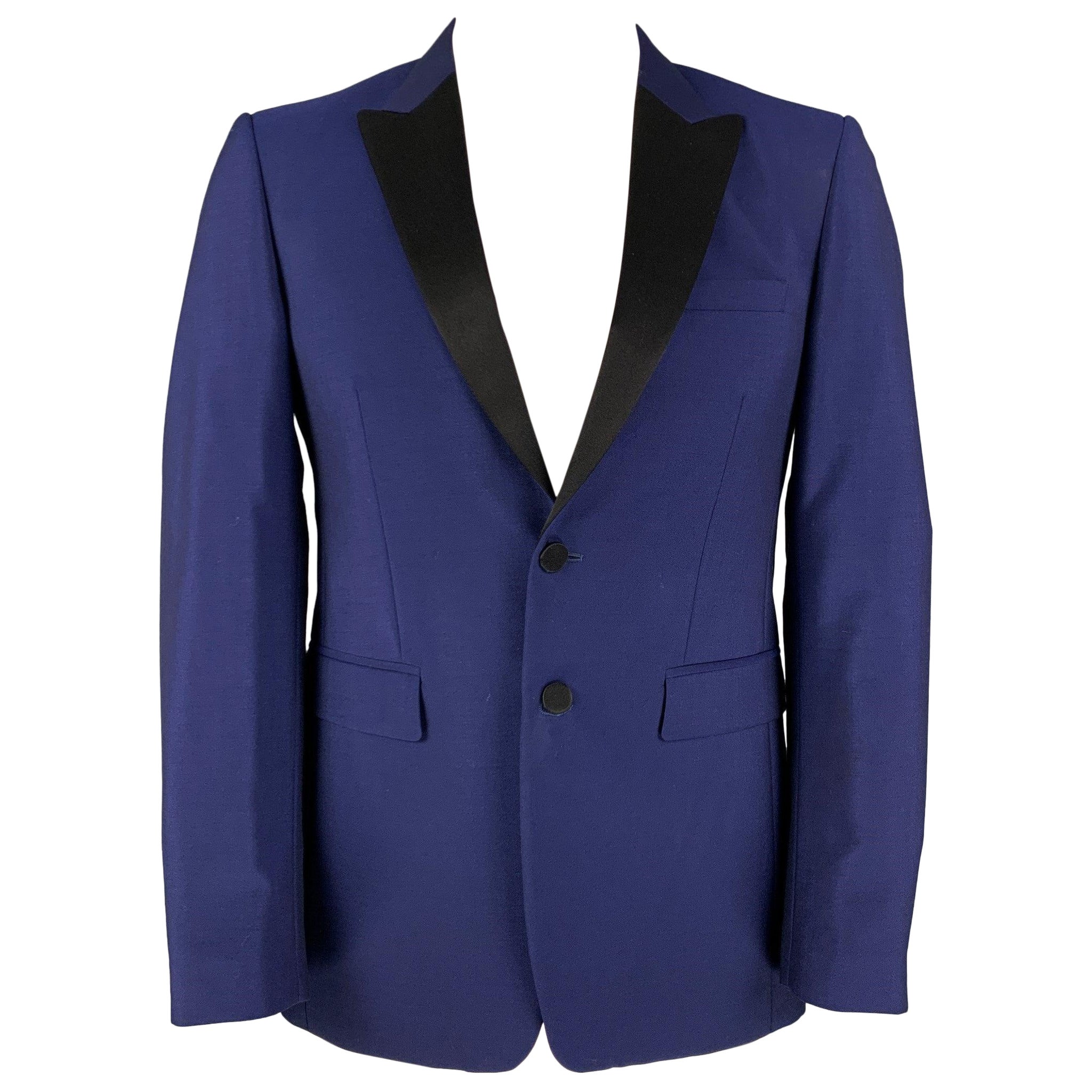 BURBERRY LONDON Size 40 Regular Royal Blue Black Wool Peak Lapel Sport Coat For Sale