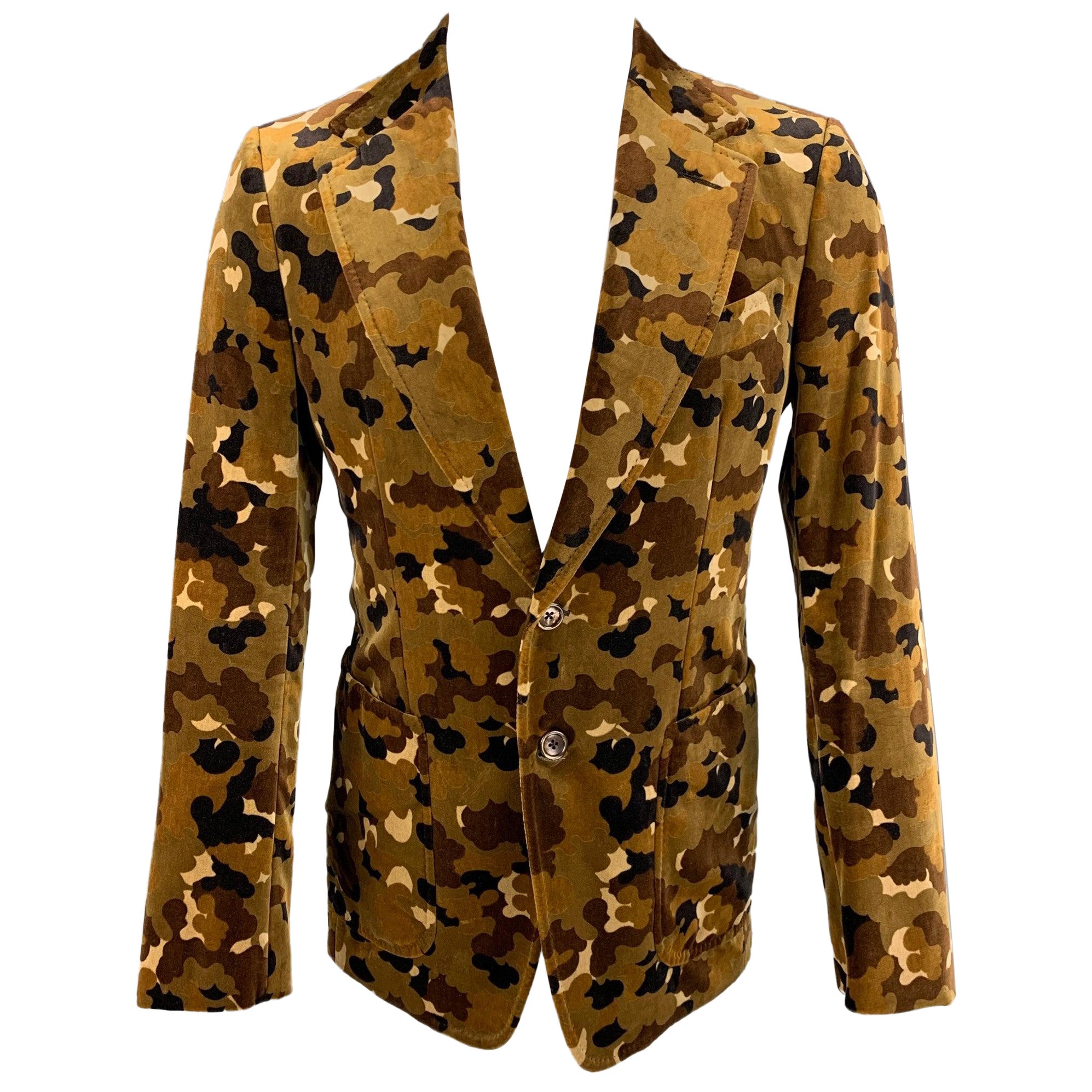 TOM FORD Size 38 Regular Brown Tan Camouflage Cotton Velvet Sport Coat For Sale