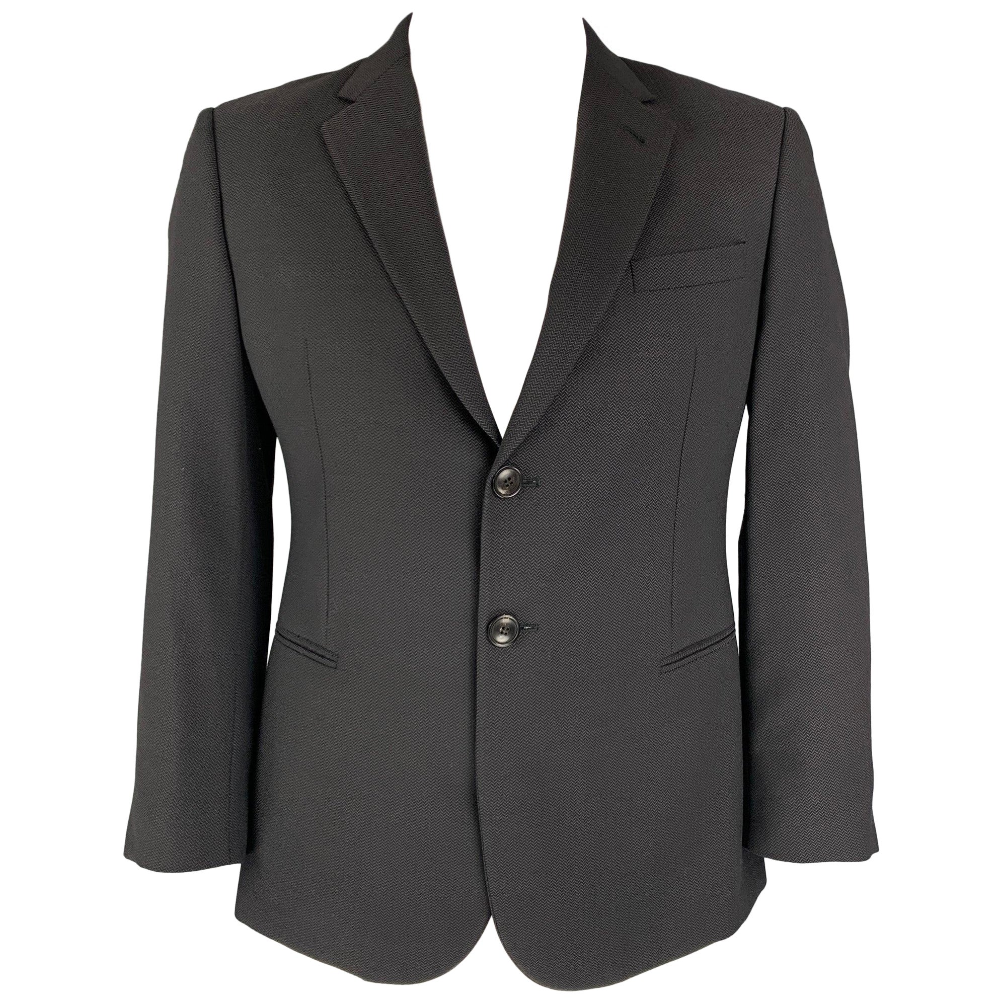 GIORGIO ARMANI Size 40 Black Herringbone Lana Wool Notch Lapel Sport Coat For Sale