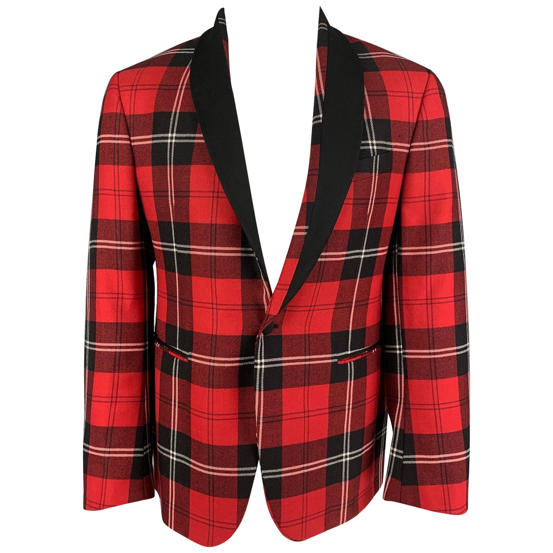 VERSACE Size 38 Red Black Plaid Wool Tailor Made Executive Sport Coat For Sale