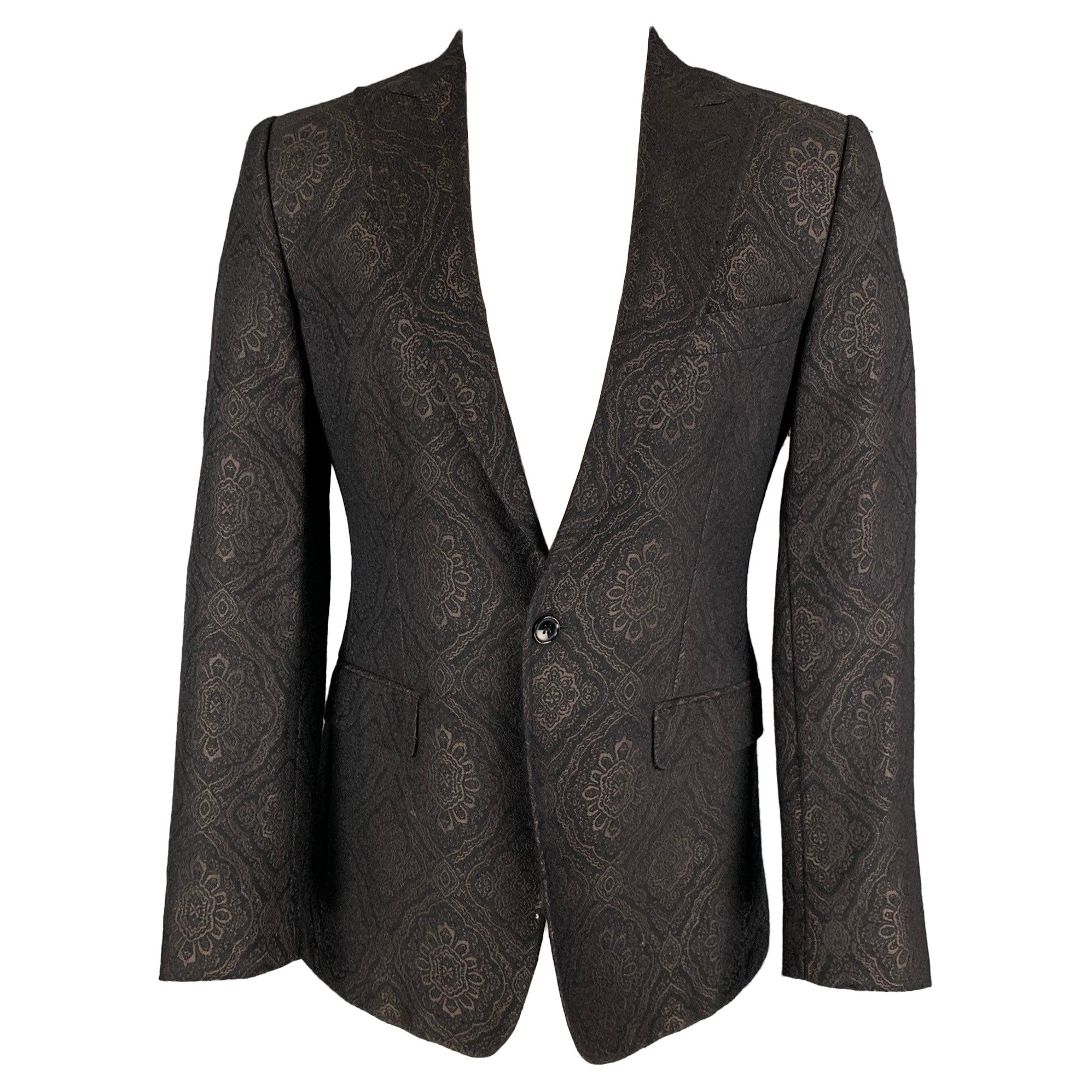 DOLCE & GABBANA Size 38 Black Brown Jacquard Wool Peak Lapel Sport Coat For Sale