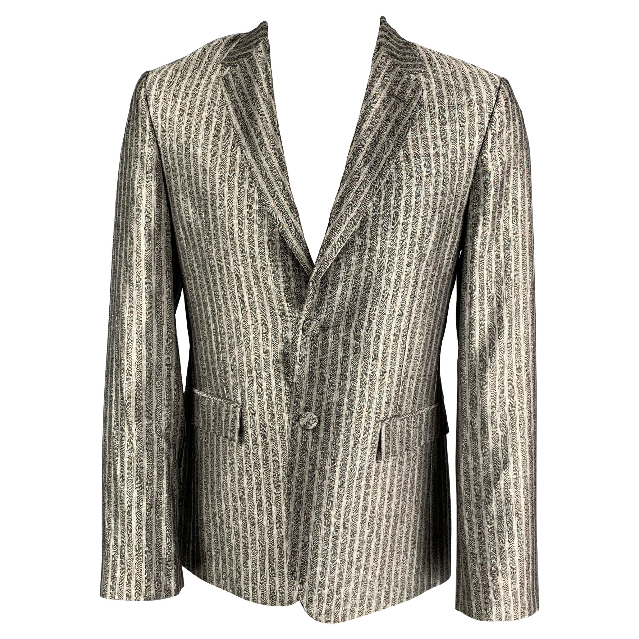 ROBERTO CAVALLI Size 40 Silver Black Stripe Wool Silk Sport Coat For Sale