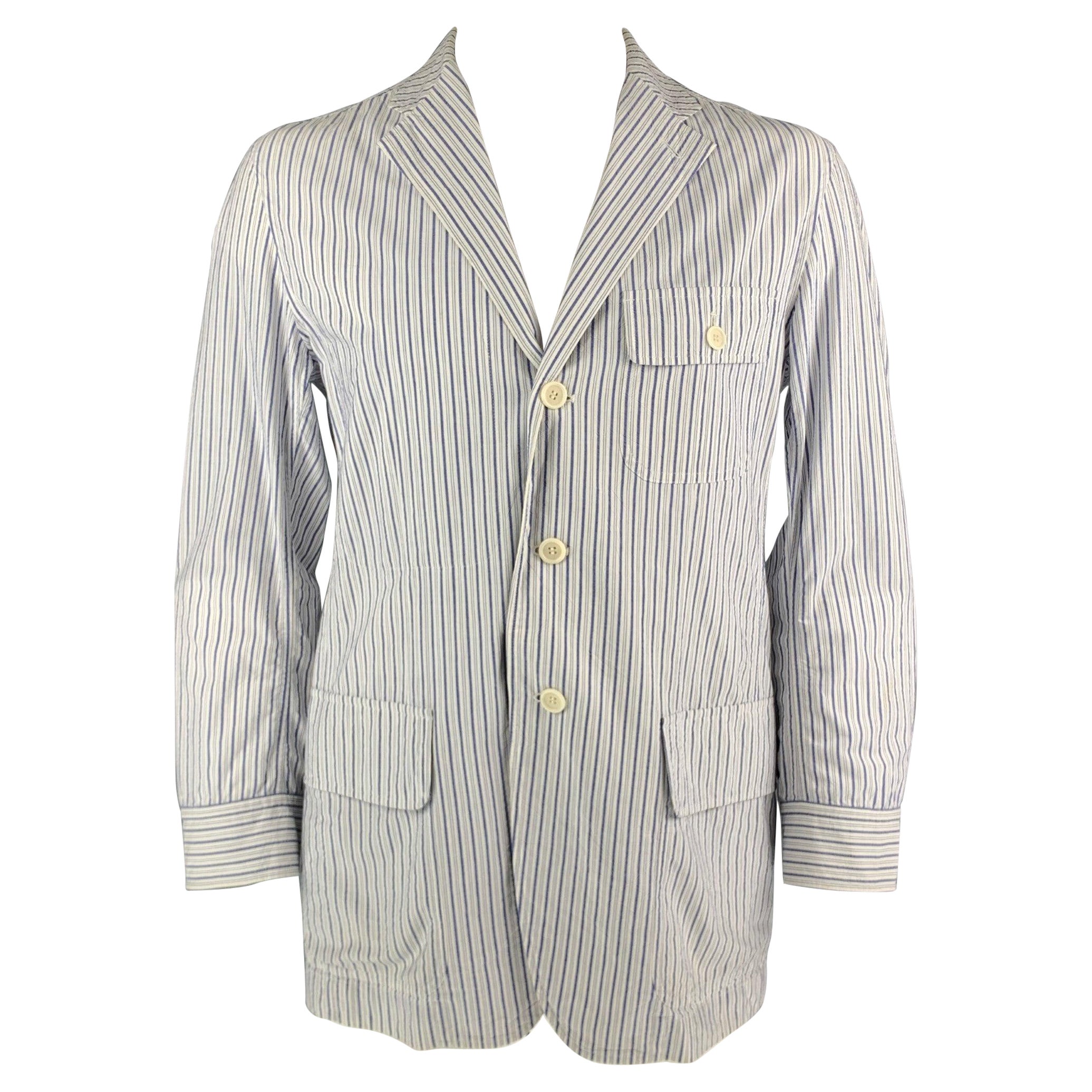 ISSEY MIYAKE Size 44 White & Blue Stripe Cotton Sport Coat For Sale