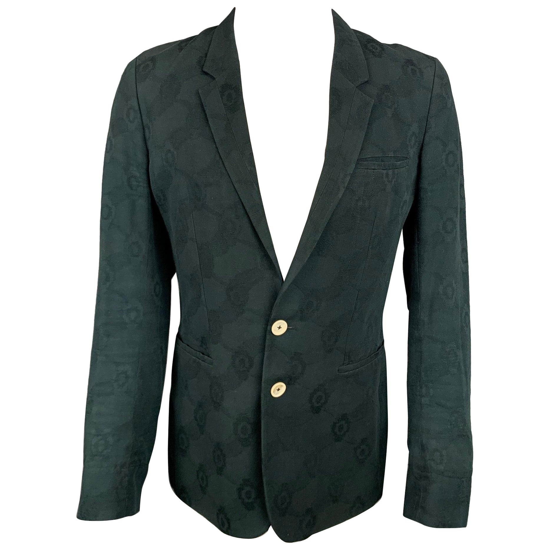 ANN DEMEULEMEESTER Size S Black Jacquard Cotton Notch Lapel Sport Coat For Sale