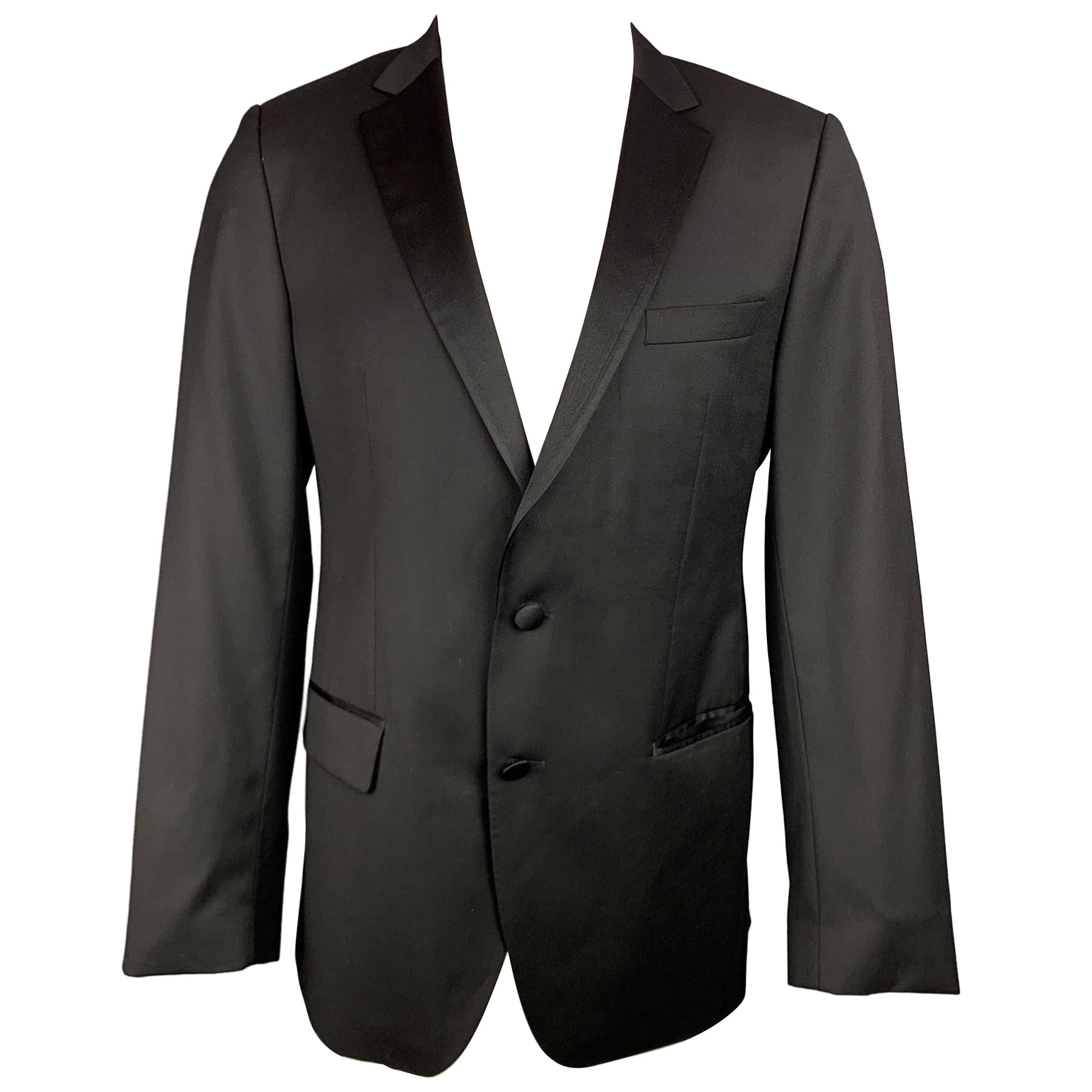 HUGO BOSS Super 120 Size 42 Regular Black Wool Notch Lapel Sport Coat For Sale