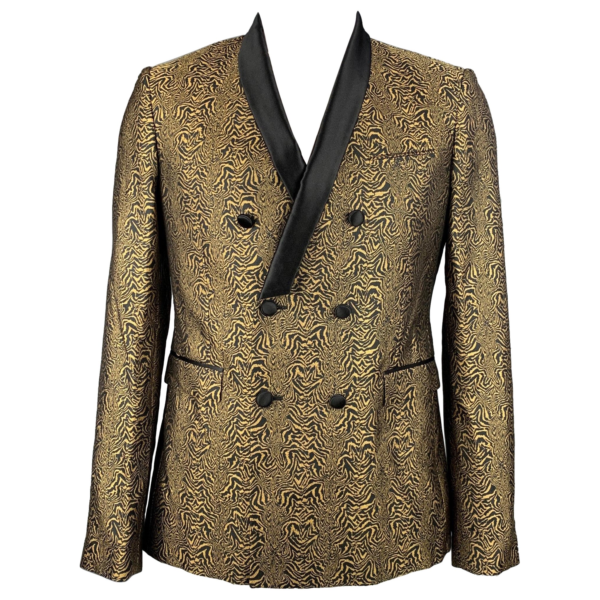 ROBERTO CAVALLI Size 44 Black & Gold Jacquard Silk Sport Coat For Sale