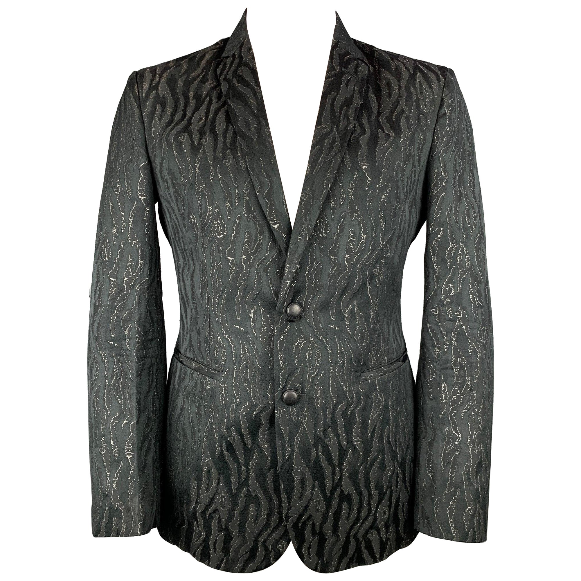 ROBERTO CAVALLI Size 44 Black & Gold Jacquard Wool Blend Sport Coat For Sale