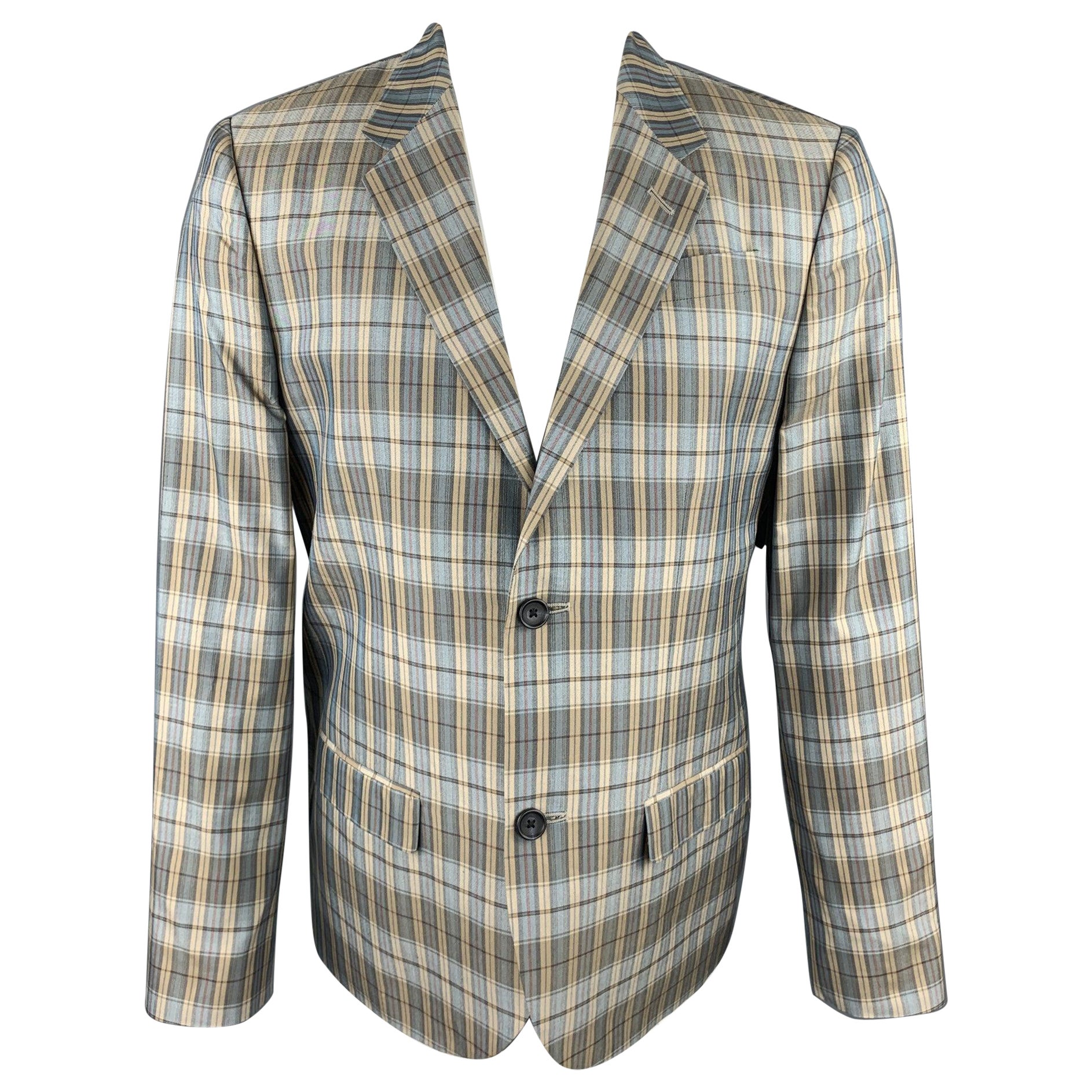 MARC by MARC JACOBS Size L Teal Blue Plaid Silk Notch Lapel Sport Coat For Sale