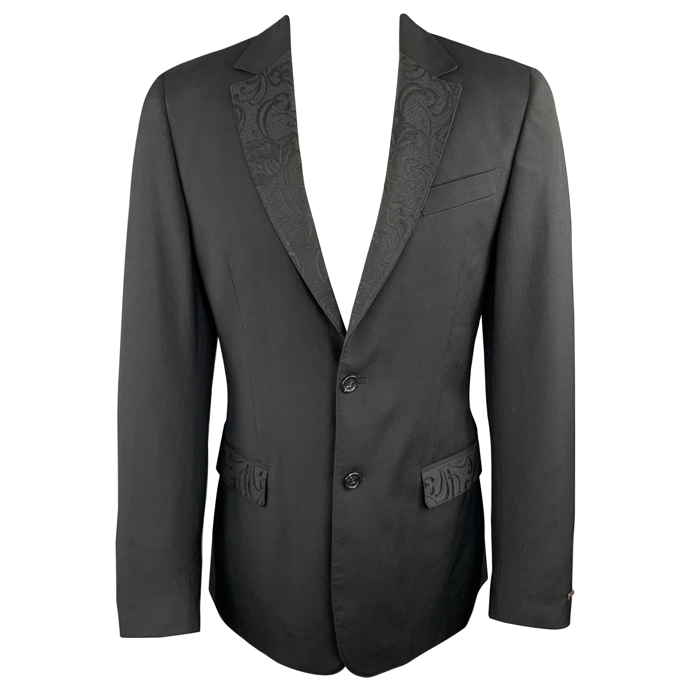 JUST CAVALLI Size 40 Black Wool Lace Notch Lapel Sport Coat For Sale