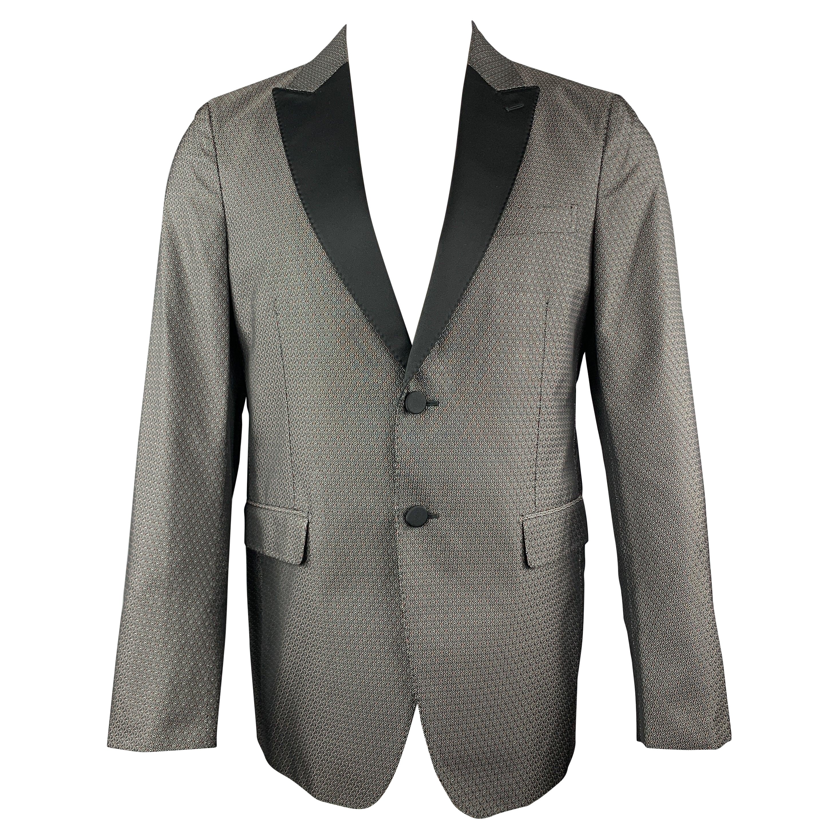 VALENTINO Size 40 Grey & Black Jacquard Polyester / Silk Peak Lapel Sport Coat For Sale