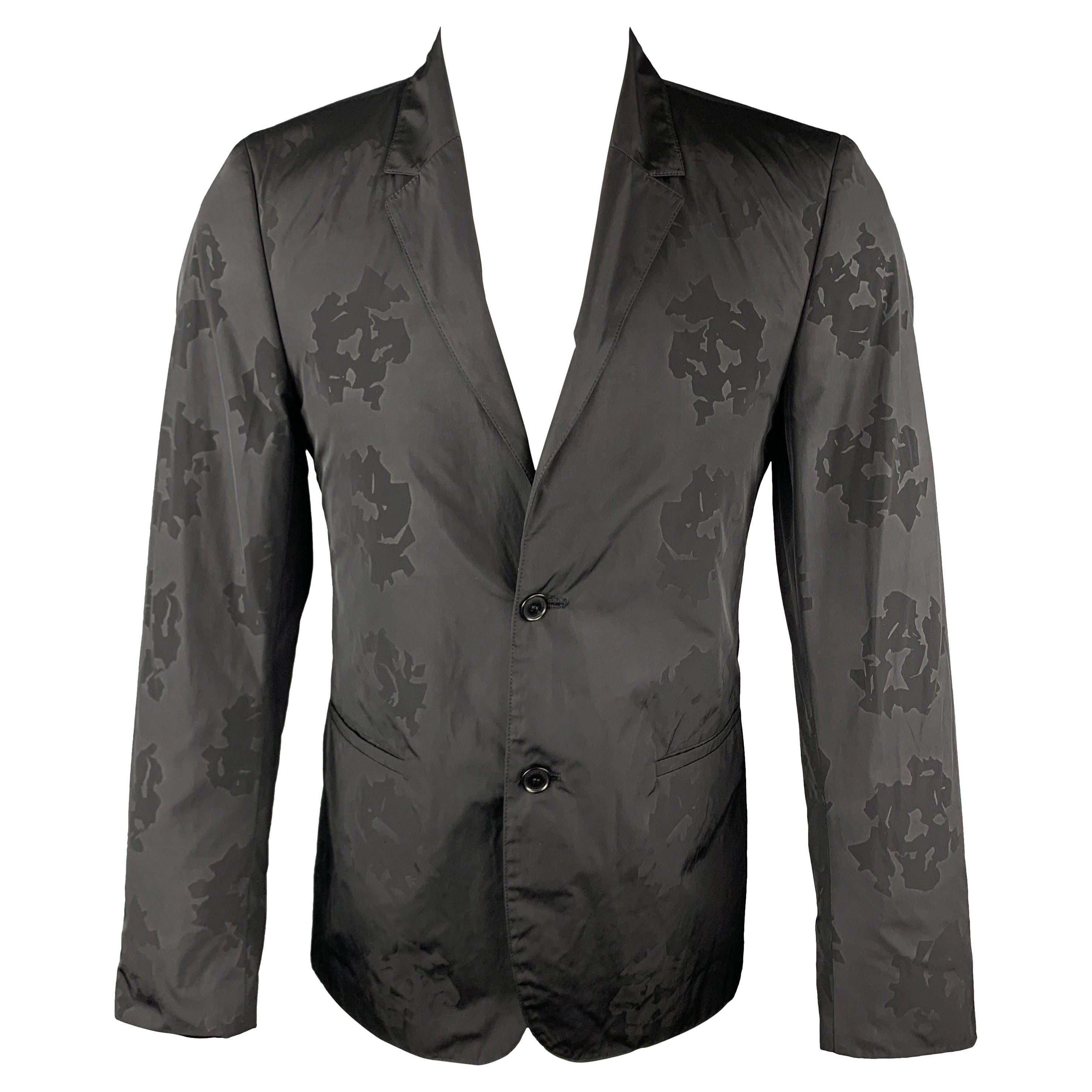 CALVIN KLEIN COLLECTION Size 36 Black on Black Floral Notch Lapel Sport Coat For Sale