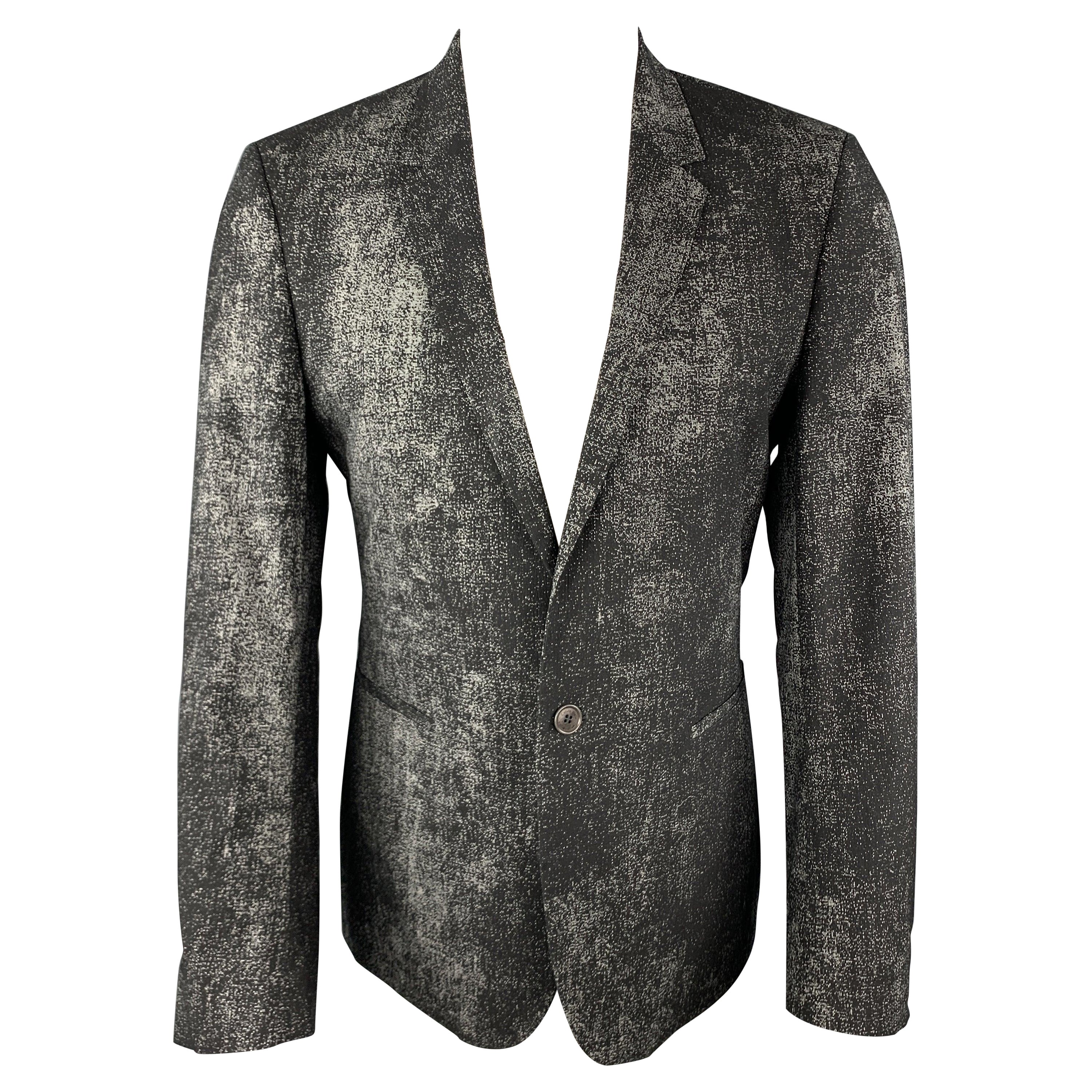 CALVIN KLEIN COLLECTION Size 36 Black & Grey Distressed Print Sport Coat For Sale