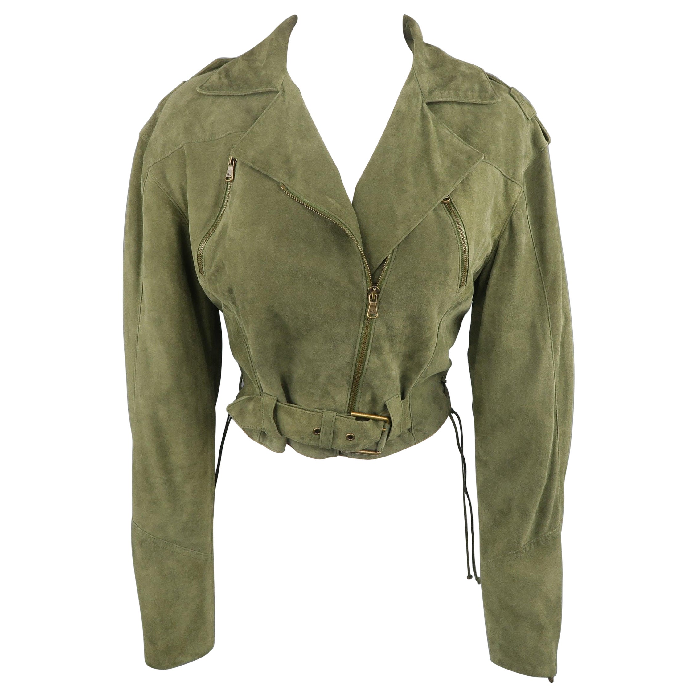 RALPH LAUREN Size 6 Olive Suede Cropped Lace Up Biker Jacket For Sale