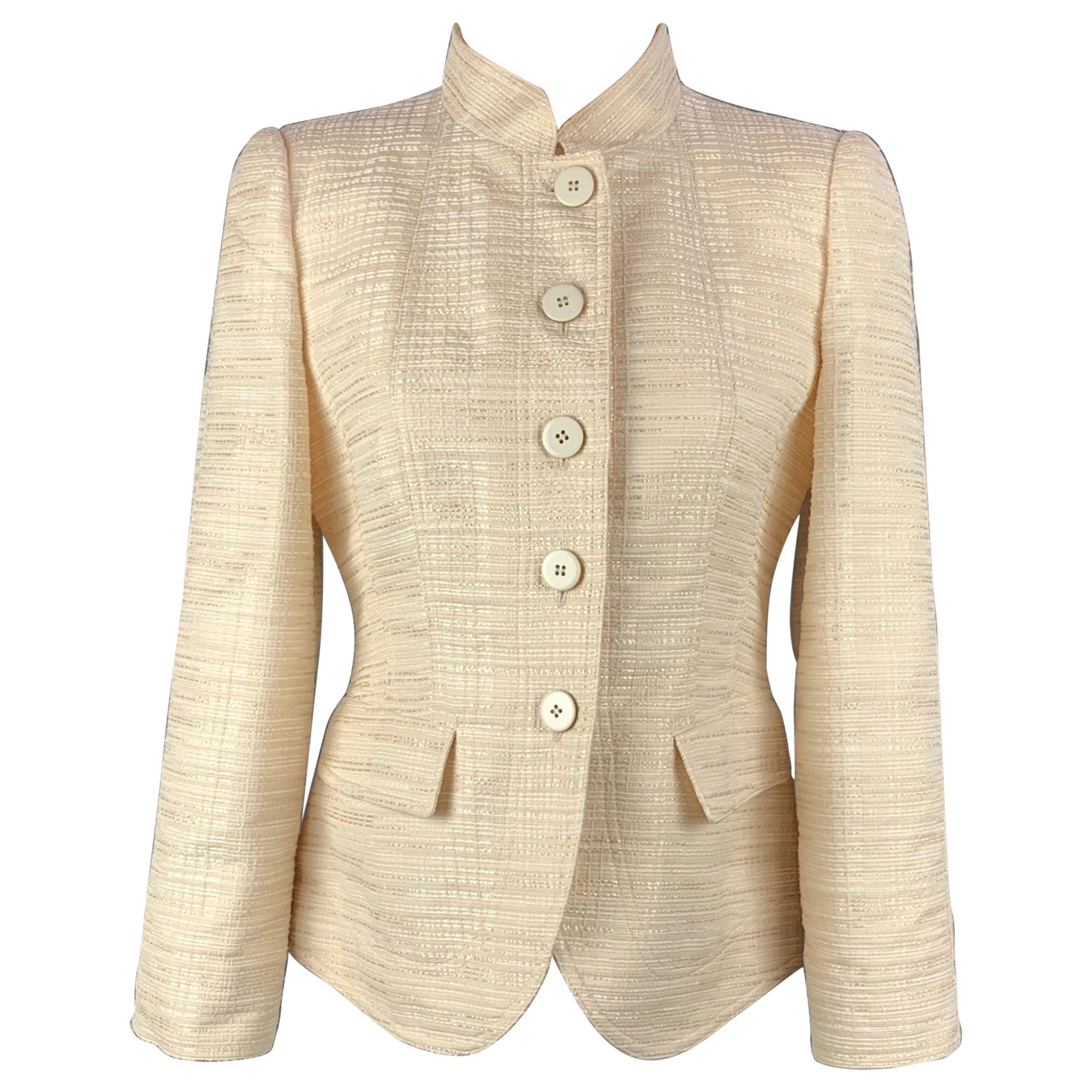 ARMANI COLLEZIONI Size 6 Cream Seersucker Silk / Viscose Buttoned Jacket For Sale