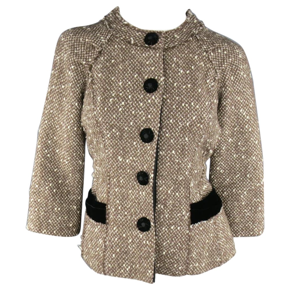 MARC JACOBS Size 4 Light Brown & Cream Wool Tweed & Black Velvet Jacket For Sale