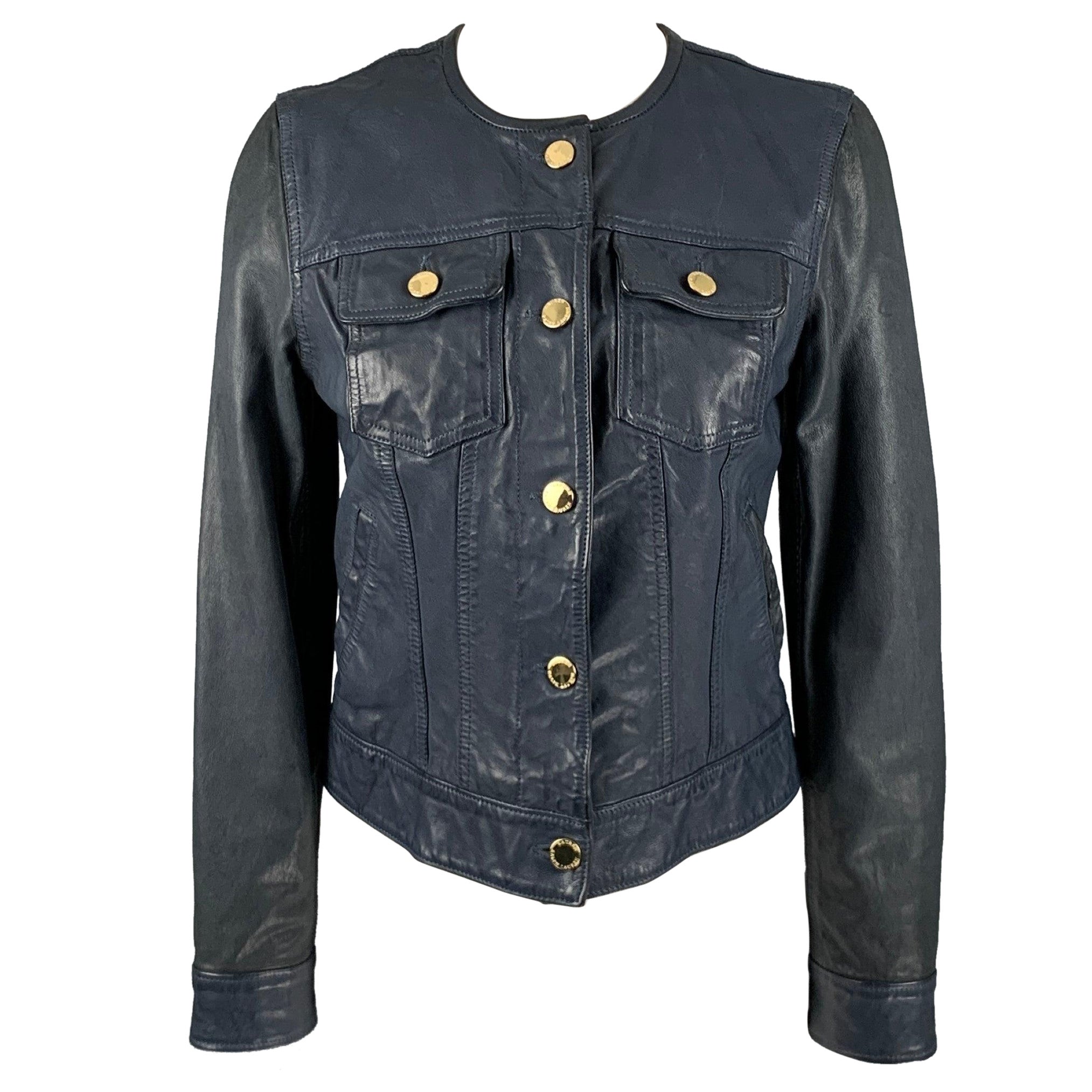 RALPH LAUREN Size 2 Navy Leather Trucker Jacket For Sale