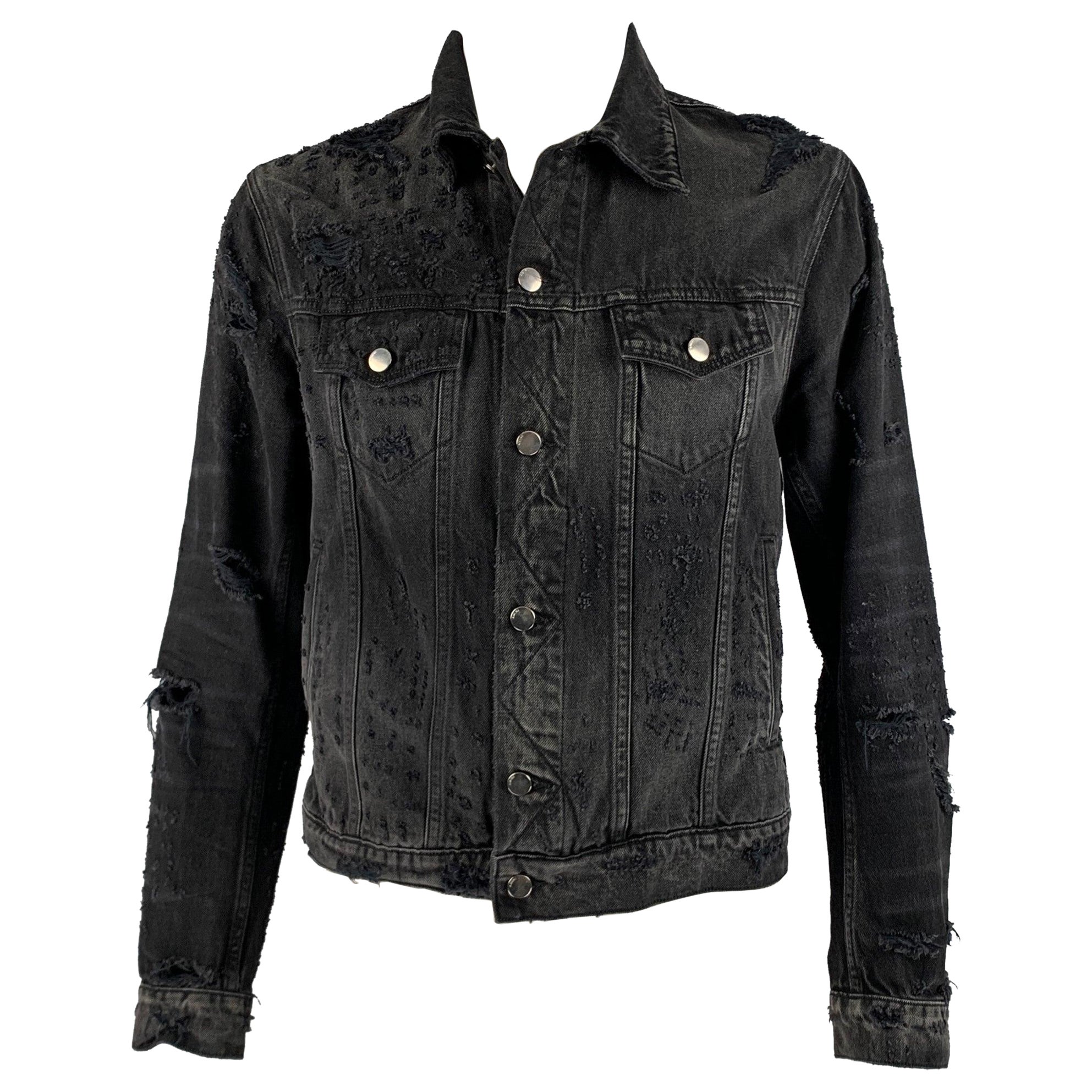 Amiri Size XL Black Grey Distressed Cotton Trucker Jacket en vente