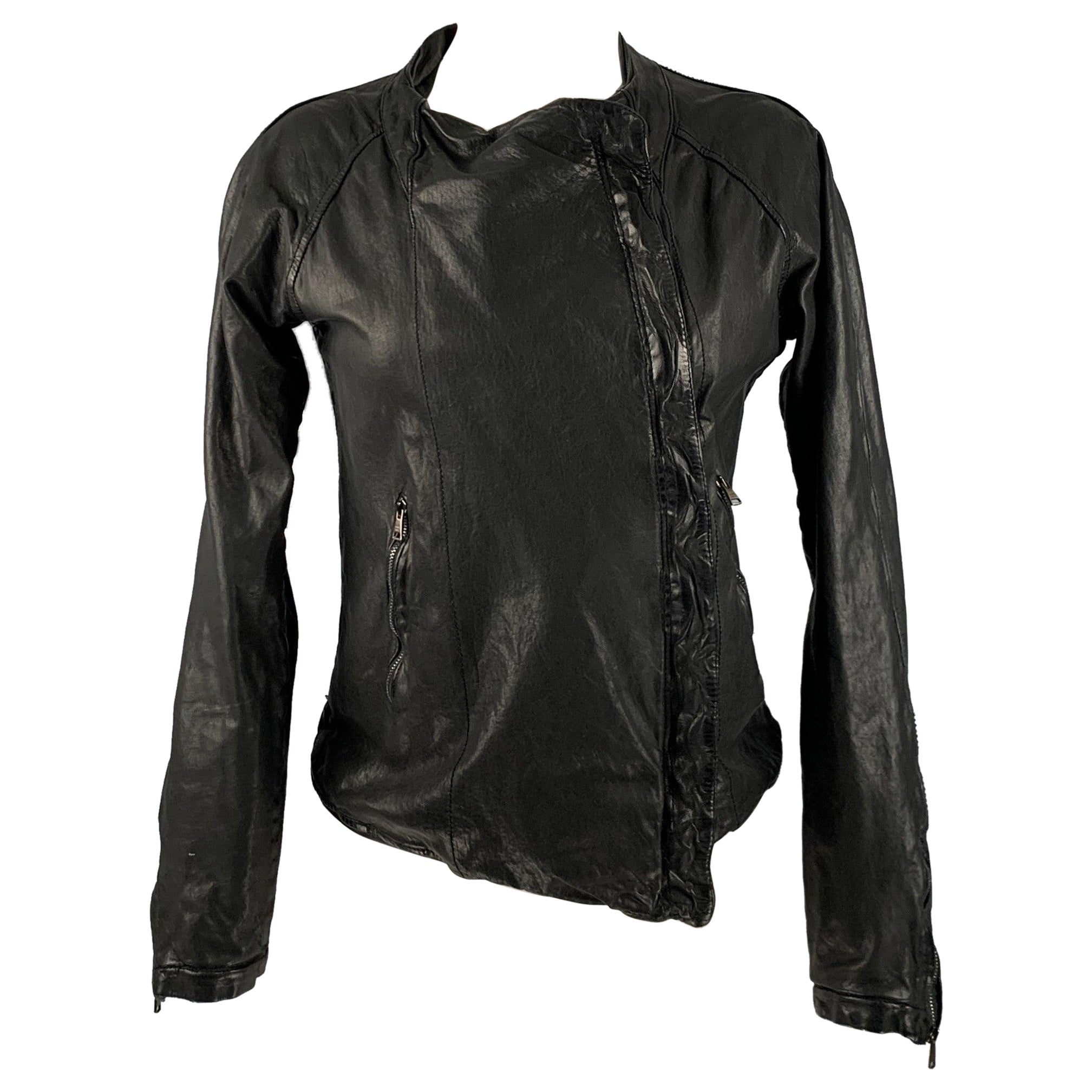 GIORGIO BRATO Size 6 Black Leather Zip Up Jacket (Outdoor) For Sale