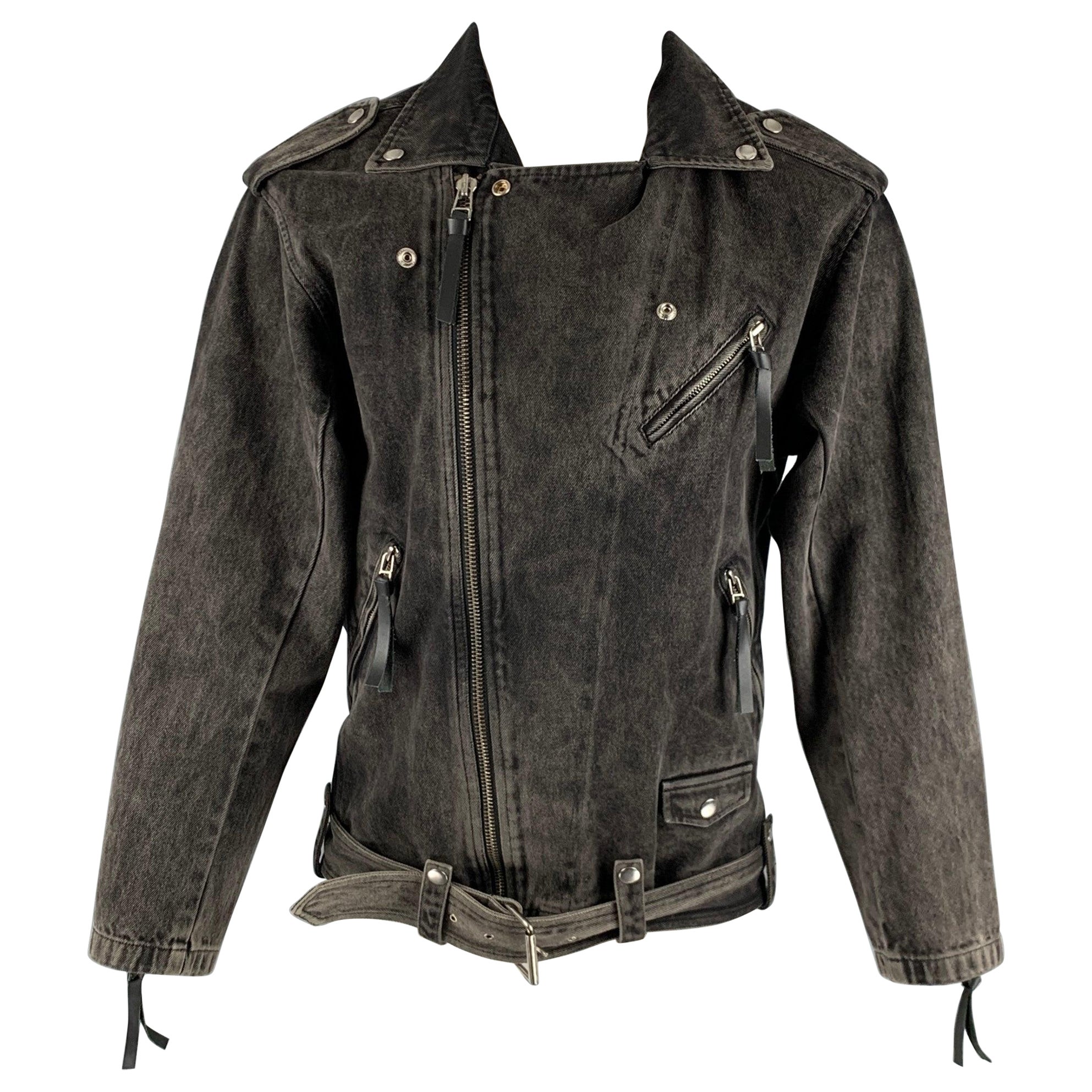 THE KOOPLES Size S Black Beaded Denim Biker Jacket For Sale