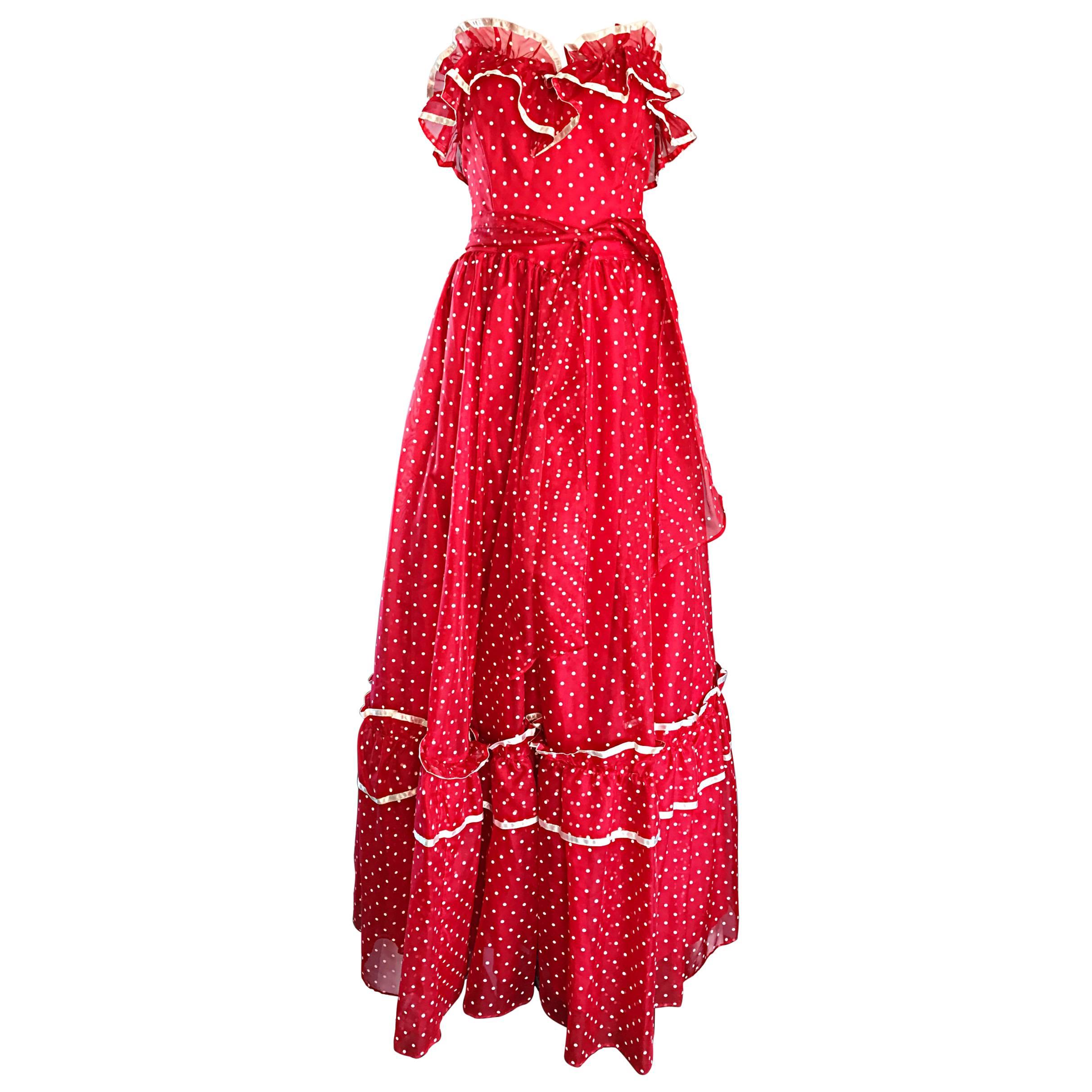 1970s Red and White Polka Dot Vintage 70s Strapless Chiffon Belted Maxi Dress