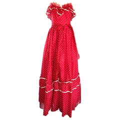 1970s Red and White Polka Dot Retro 70s Strapless Chiffon Belted Maxi Dress