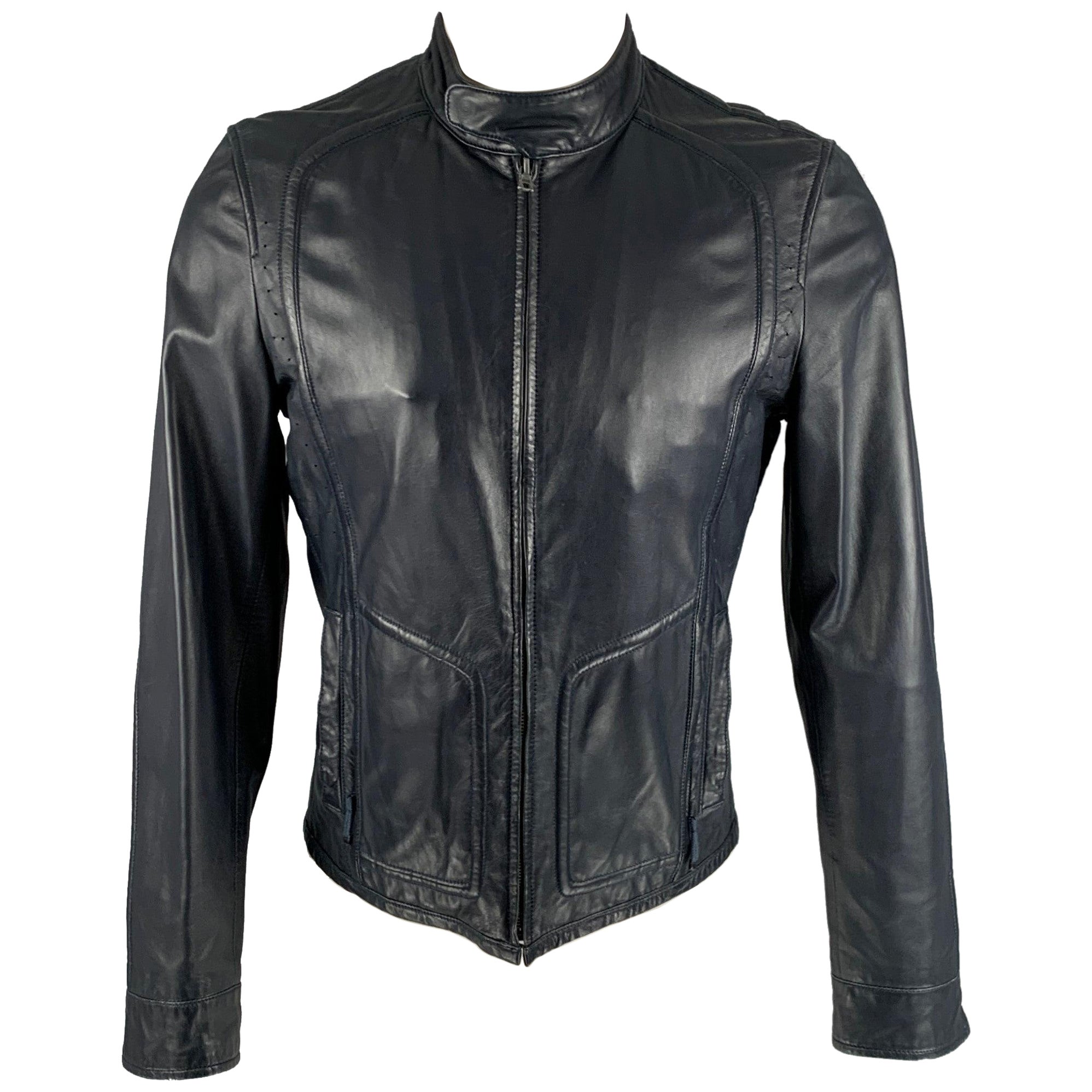 ELIE TAHARI Size S Navy Leather Zip Up Jacket For Sale