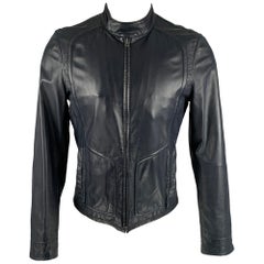 ELIE TAHARI Size S Navy Leather Zip Up Jacket