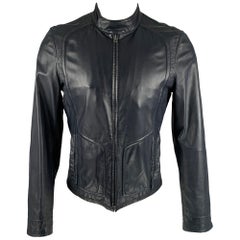 Elie Tahari - Giacca con zip in pelle blu navy taglia S