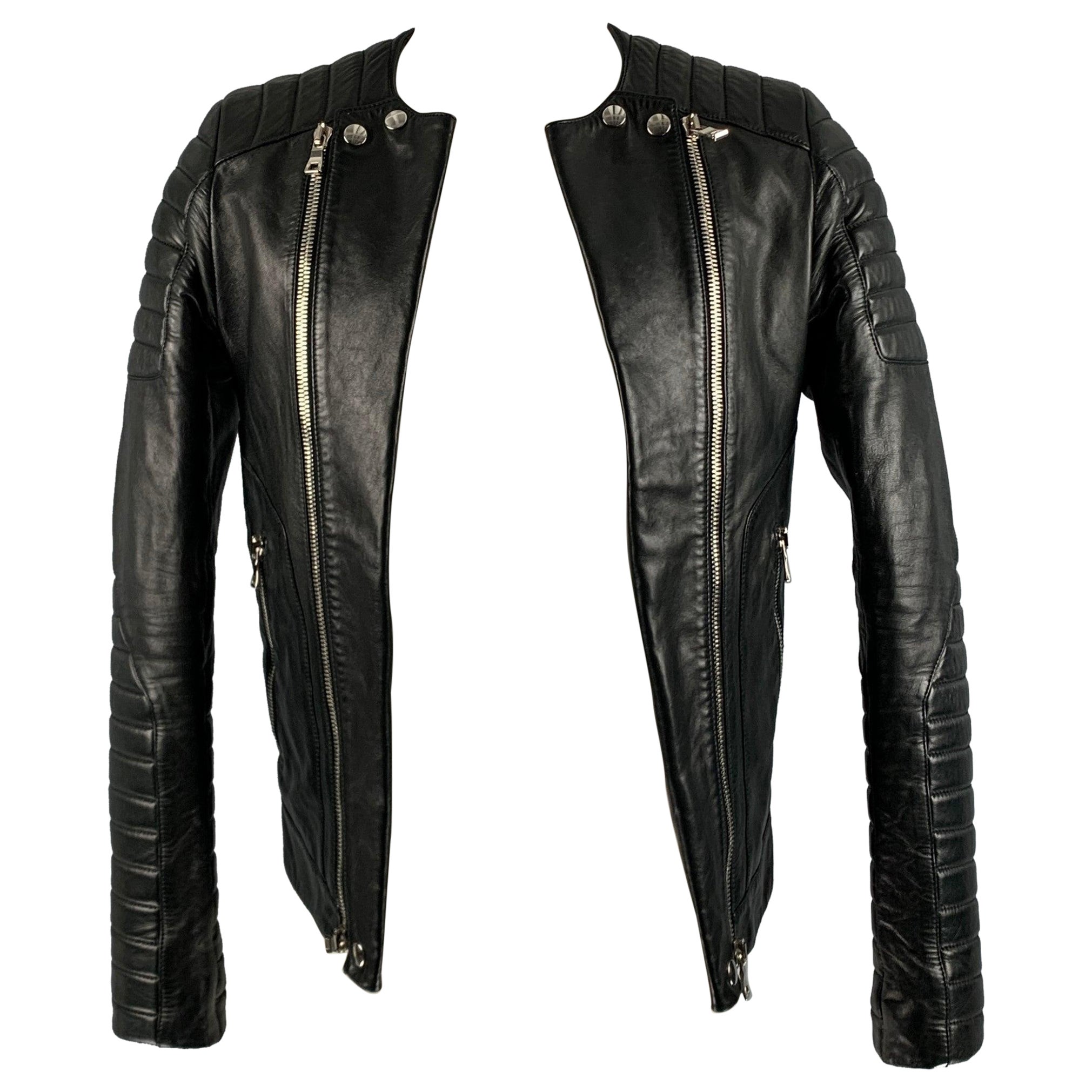 BALMAIN Size 36 Black Leather Motorcycle Jacket For Sale