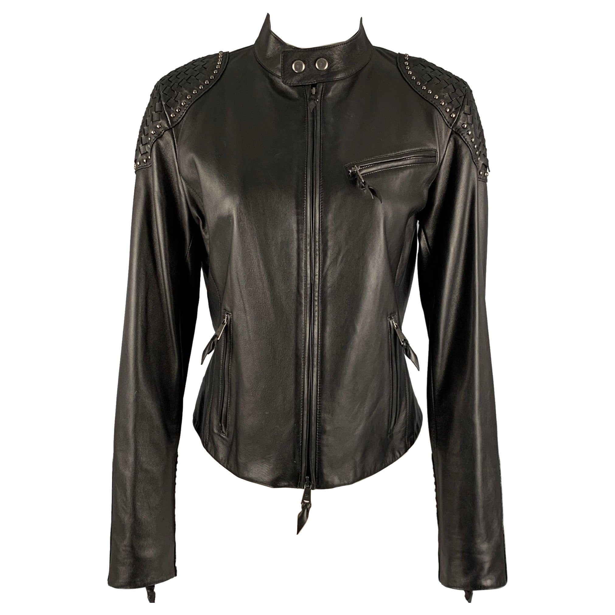 RALPH LAUREN Size 8 Black Studded Leather Zip Up Jacket For Sale
