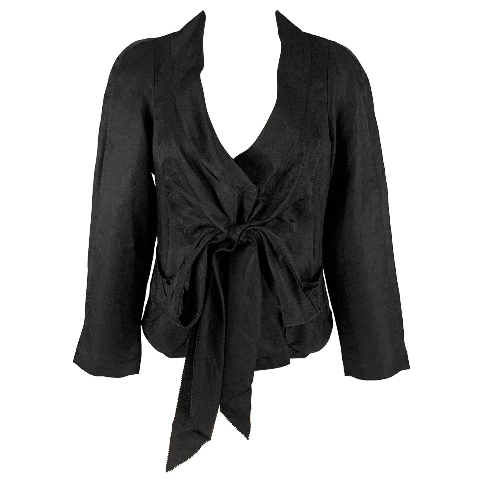 DONNA KARAN Size 8 Black Linen Viscose Tied Front Jacket  Blazer For Sale