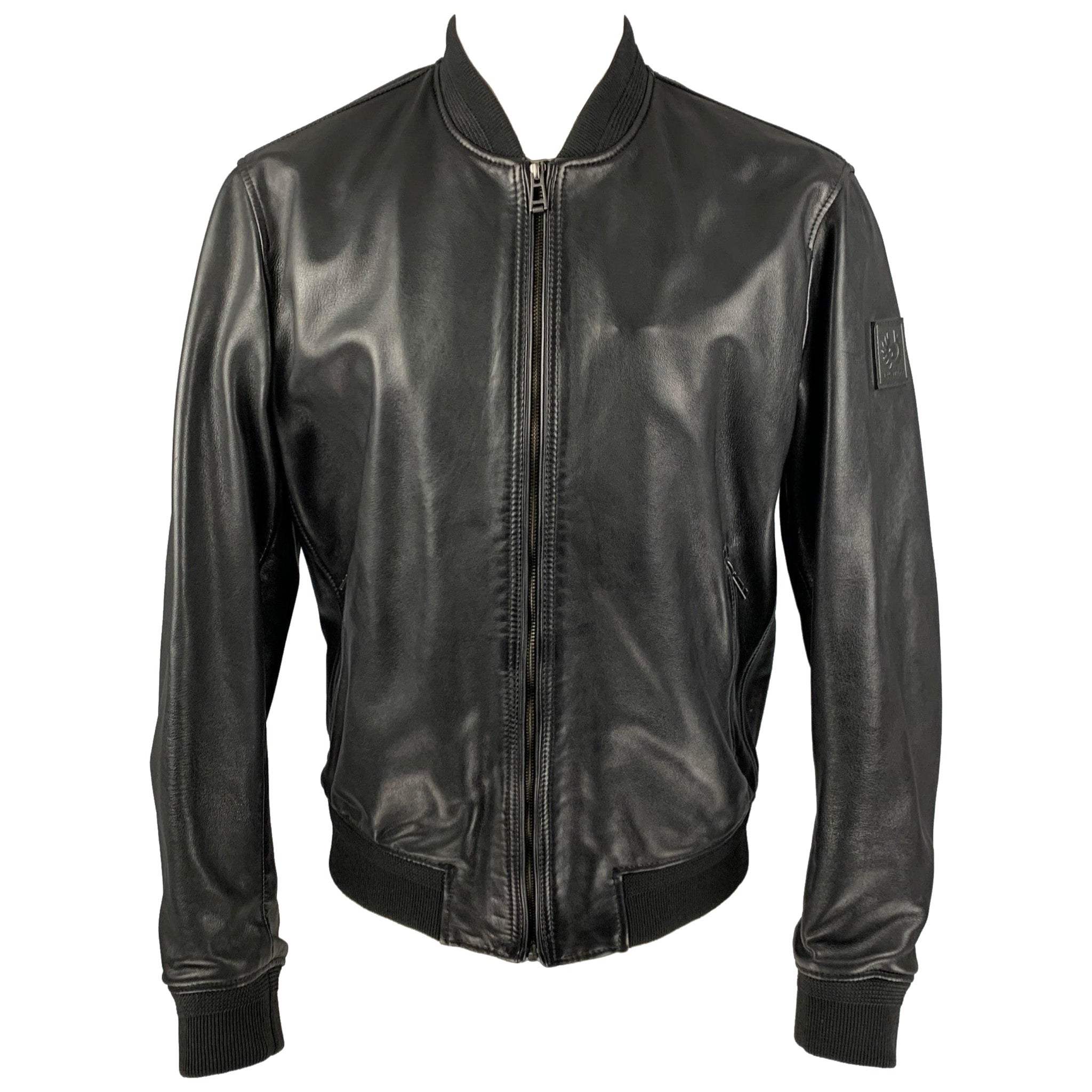 BELSTAFF Size 38 Black Leather Ribbed Collar Jacket