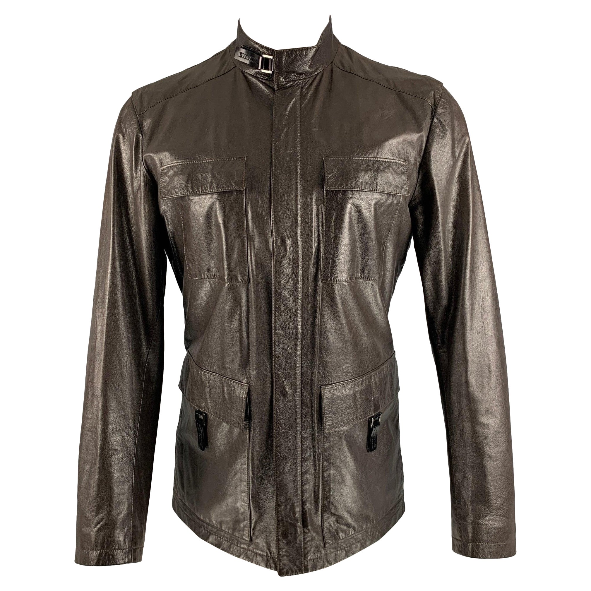 PRADA Size 38 Brown Solid Leather Zip & Snaps Jacket For Sale