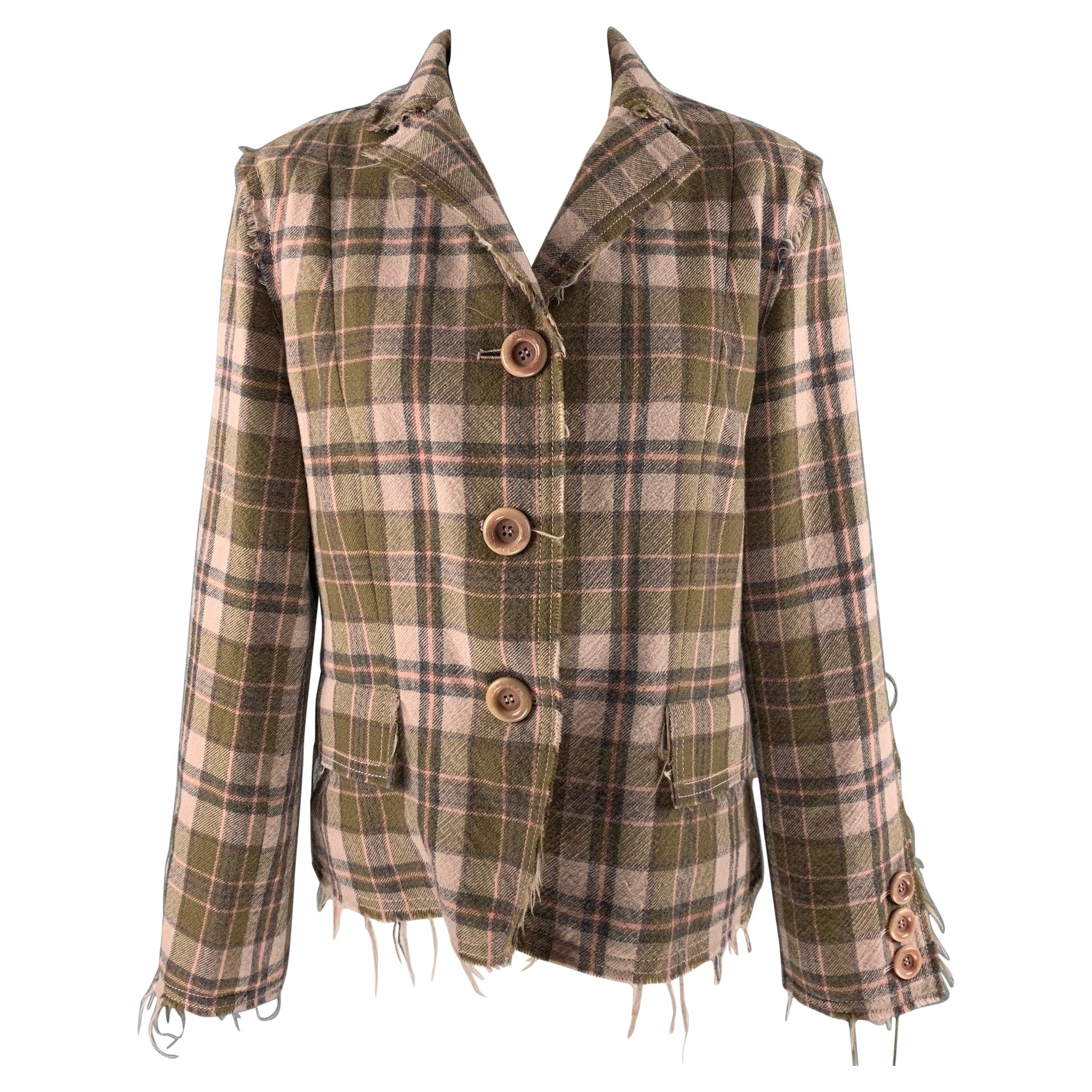 MOSCHINO Size 12 Pink Olive Wool Plaid Raw edge Jacket For Sale