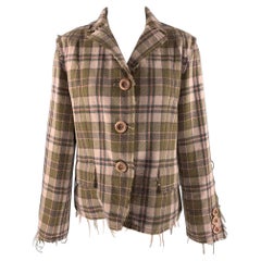 MOSCHINO Size 12 Pink Olive Wool Plaid Raw edge Jacket