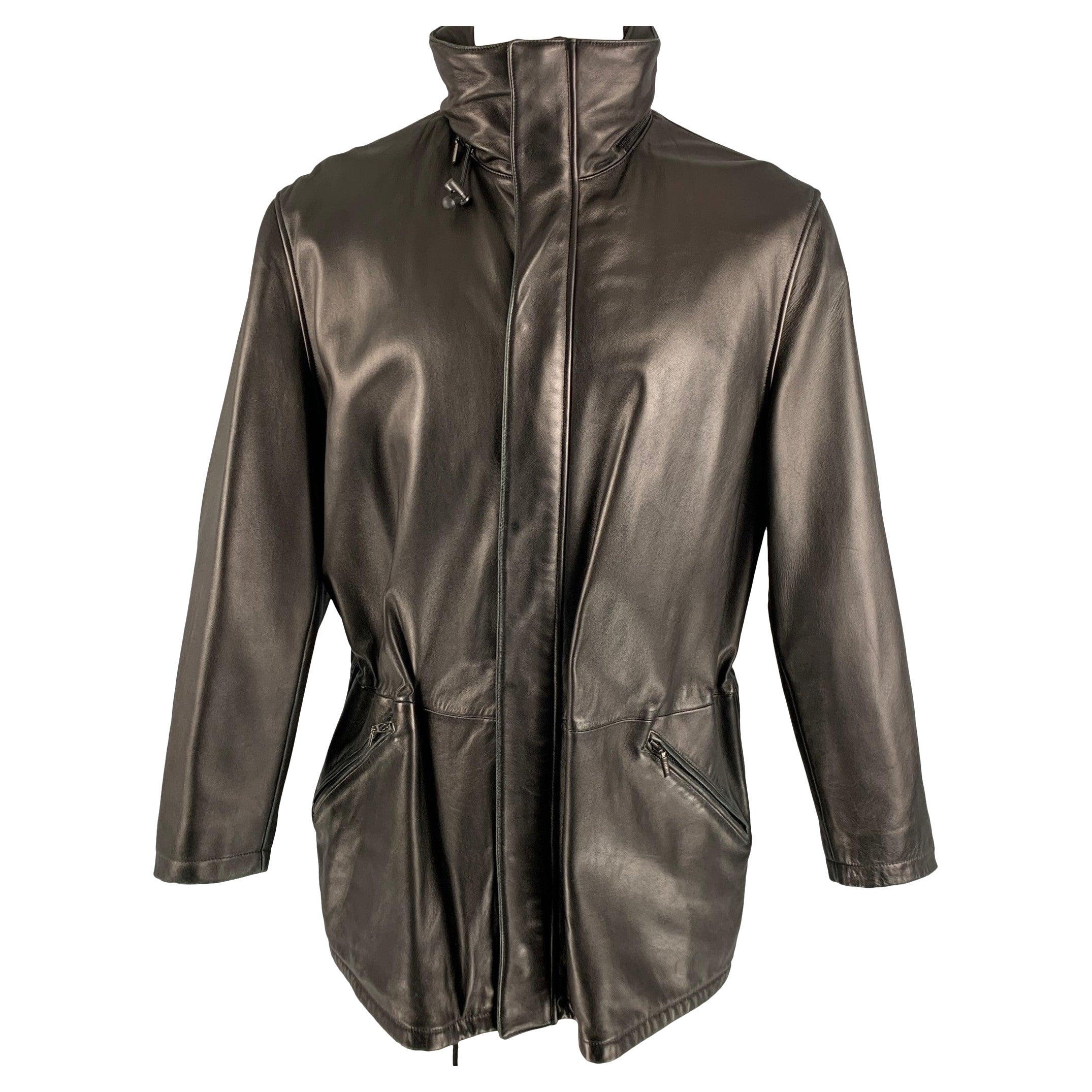 ARMANI COLLEZIONI Size 38 Black Solid Leather Drawstring Jacket For Sale
