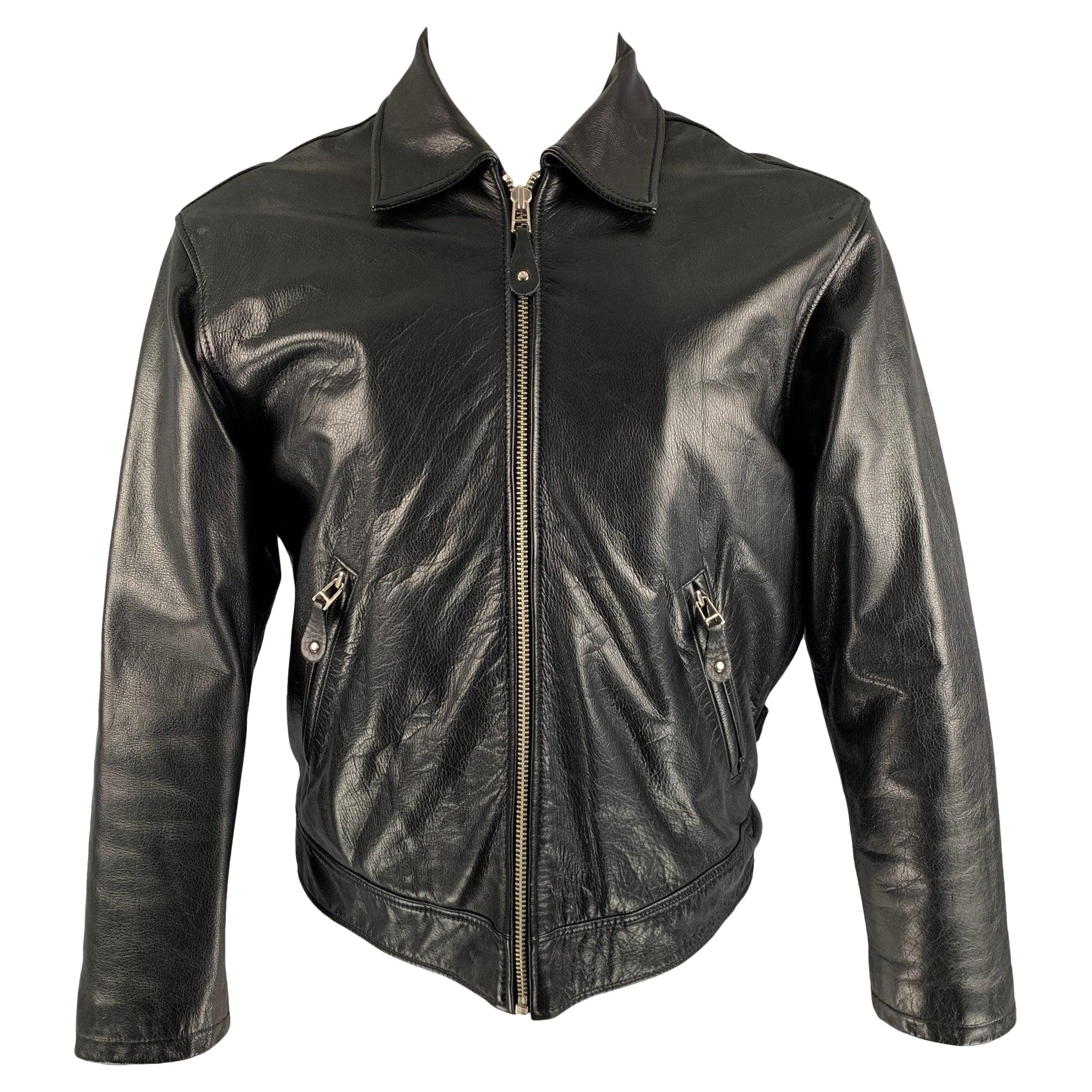 DONNA KARAN Size S Black Solid Leather Zip Up Jacket For Sale
