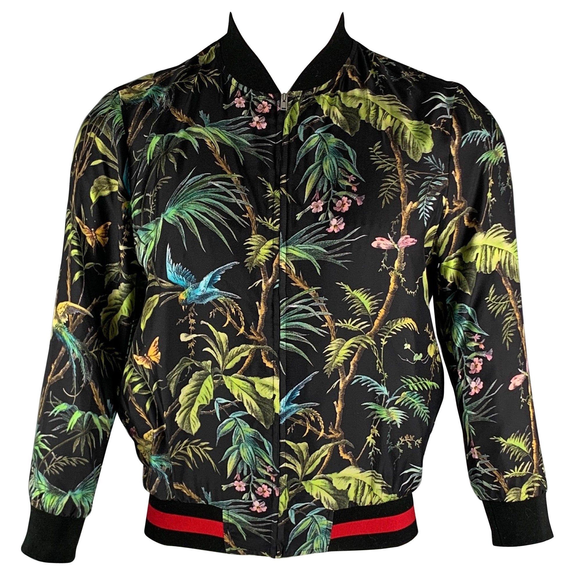 GUCCI Size XS Black Green Forest Jungle Graphic Silk Bomber Jacket For Sale