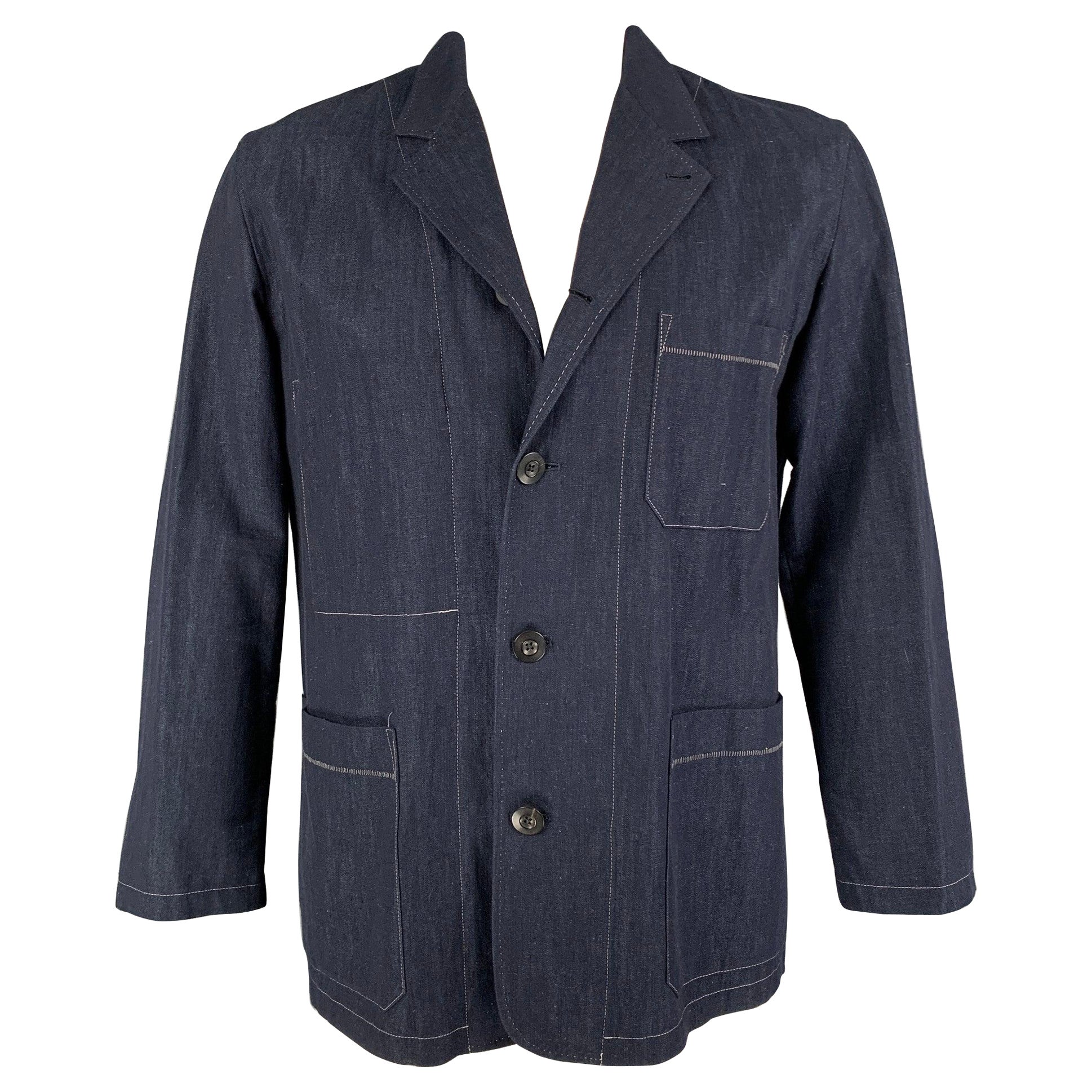 PAUL SMITH Size L Indigo Contrast Stitch Cotton Blend Notch Lapel Jacket For Sale