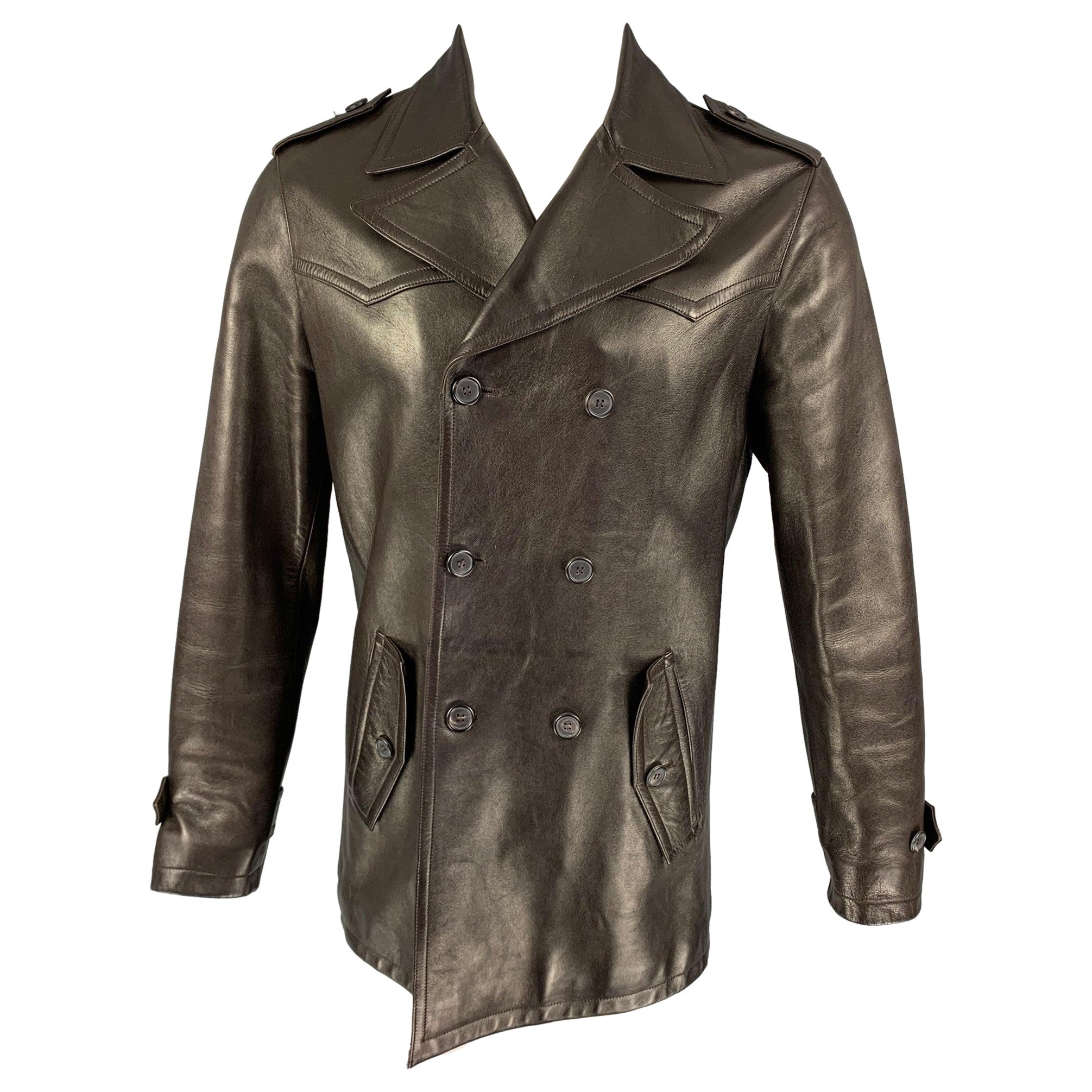 NEIL BARRETT Size M Dark Brown Leather Double Breasted Coat For Sale