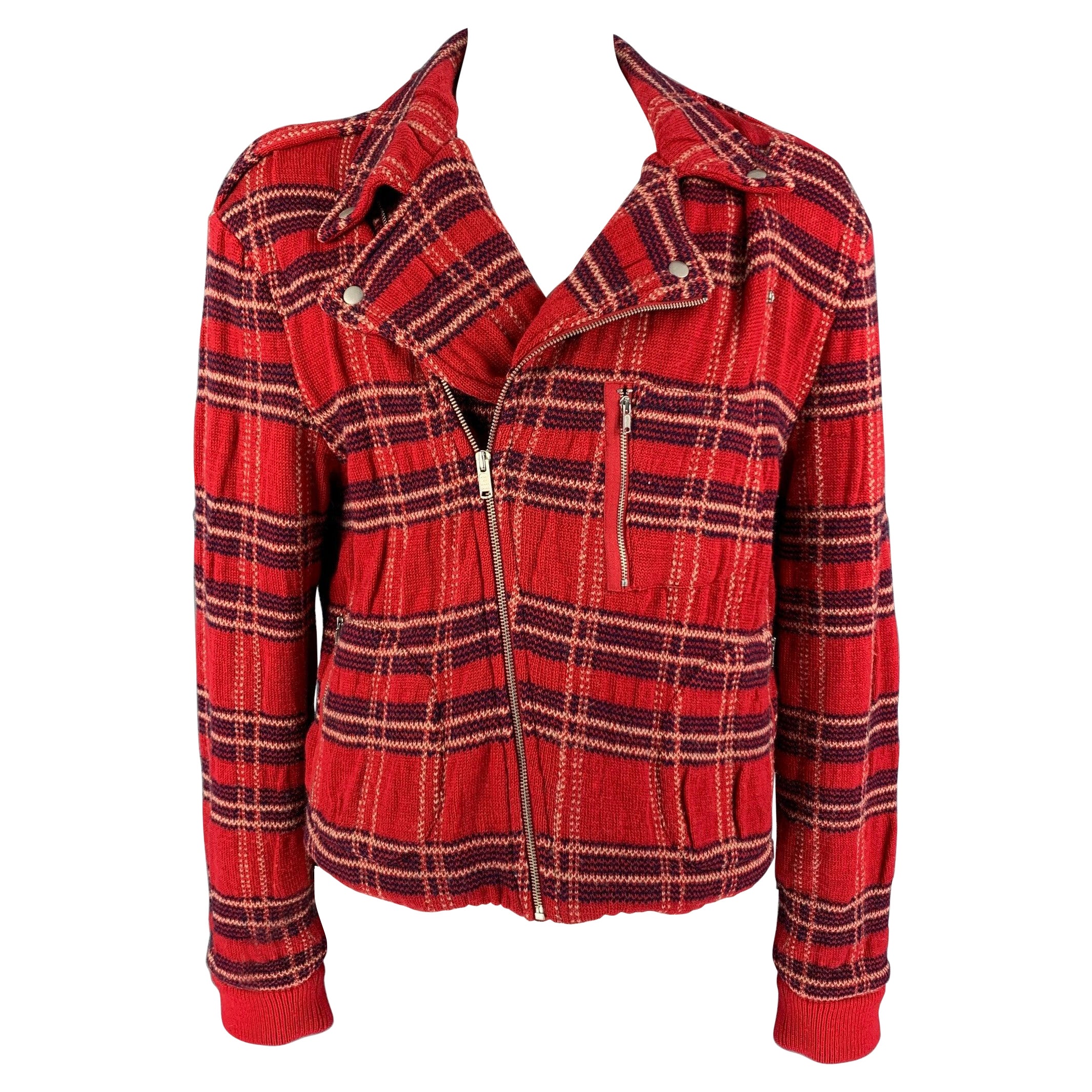 MARC by MARC JACOBS Size XL Red Navy Plaid Wool Biker Jacket For Sale
