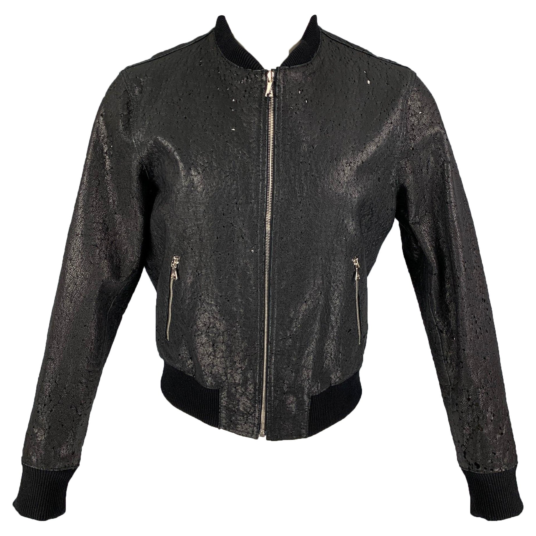 NEIL BARRETT Size L Black Distressed Leather Bomber Jacket For Sale