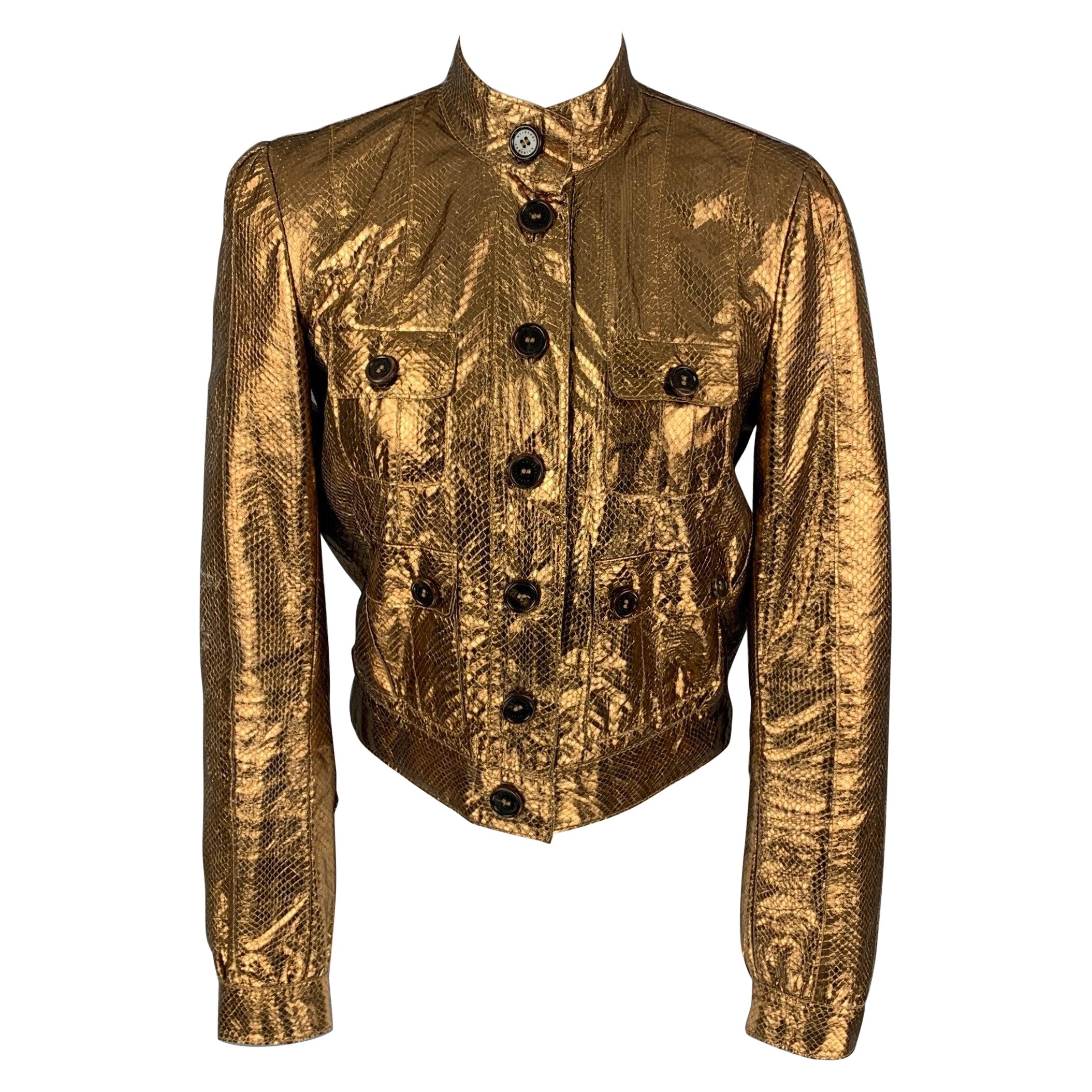 MULBERRY Size 8 Gold Leather Metallic Buttoned Jacket For Sale